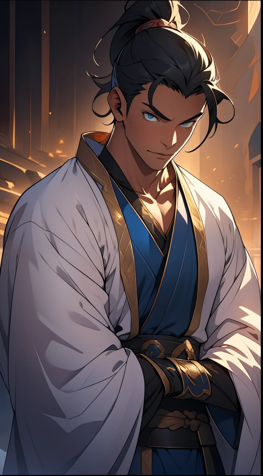 quadratic element,style of anime,mtu(Male Warrior),The proportions are correct,Face details,swordsmen,High ponytail hairstyle,Neck details,There is an Adam's apple,White robe,kaftan,long white robe,clothes details,Handing over,longer sleeves,Game quality,Swordsmanship,Light and shadow tracking,Ray traching,detailed glow,cg render,hair detail,cabelos preto e longos,blue colored eyes,Handsome,Handsome,(juvenile sense),Clothing is complicated,Perfectcomposition,Refinement,high qulity,higher details,Lots of details,The background is complex,a sense of atmosphere,