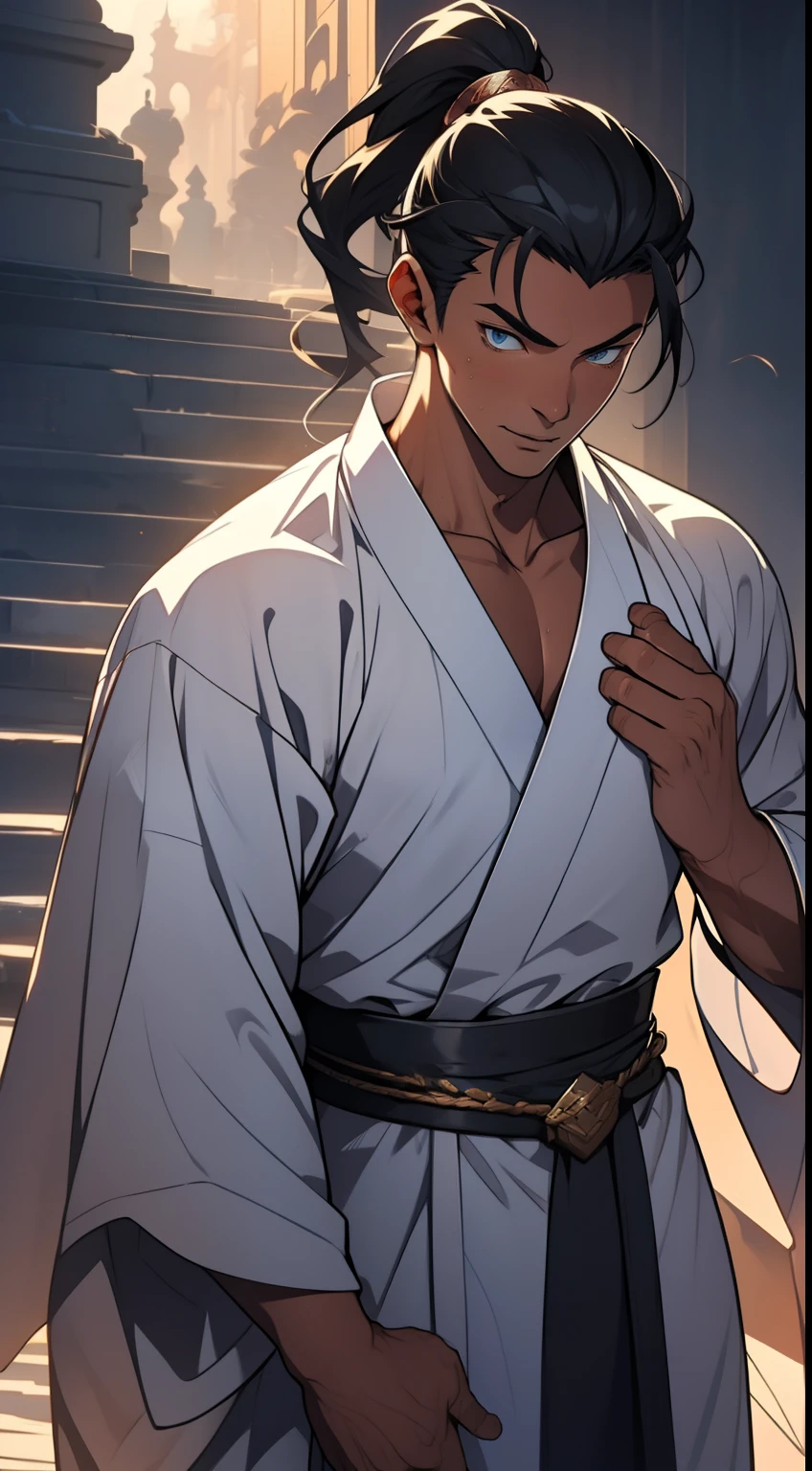 quadratic element,style of anime,mtu(Male Warrior),The proportions are correct,Face details,swordsmen,High ponytail hairstyle,Neck details,There is an Adam's apple,White robe,kaftan,long white robe,clothes details,Handing over,longer sleeves,Game quality,Swordsmanship,Light and shadow tracking,Ray traching,detailed glow,cg render,hair detail,cabelos preto e longos,blue colored eyes,Handsome,Handsome,(juvenile sense),Clothing is complicated,Perfectcomposition,Refinement,high qulity,higher details,Lots of details,The background is complex,a sense of atmosphere,