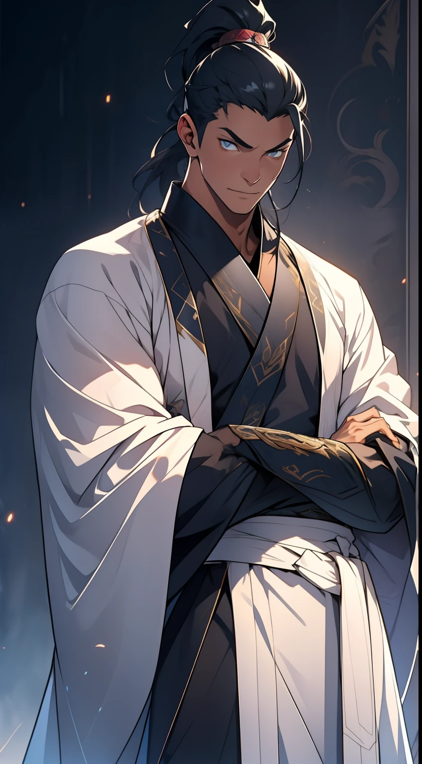 quadratic element，style of anime，mtu（Male Warrior），The proportions are correct，Face details，swordsmen，High ponytail hairstyle，Neck details，There is an Adam's apple，White robe，kaftan，long white robe，clothes details，Handing over，longer sleeves，Game quality，Swordsmanship，Light and shadow tracking，Ray traching，detailed glow，cg render，hair detail，cabelos preto e longos，blue colored eyes，Handsome，Handsome，（juvenile sense），Clothing is complicated，Perfectcomposition，Refinement，high qulity，higher details，Lots of details，The background is complex，a sense of atmosphere，