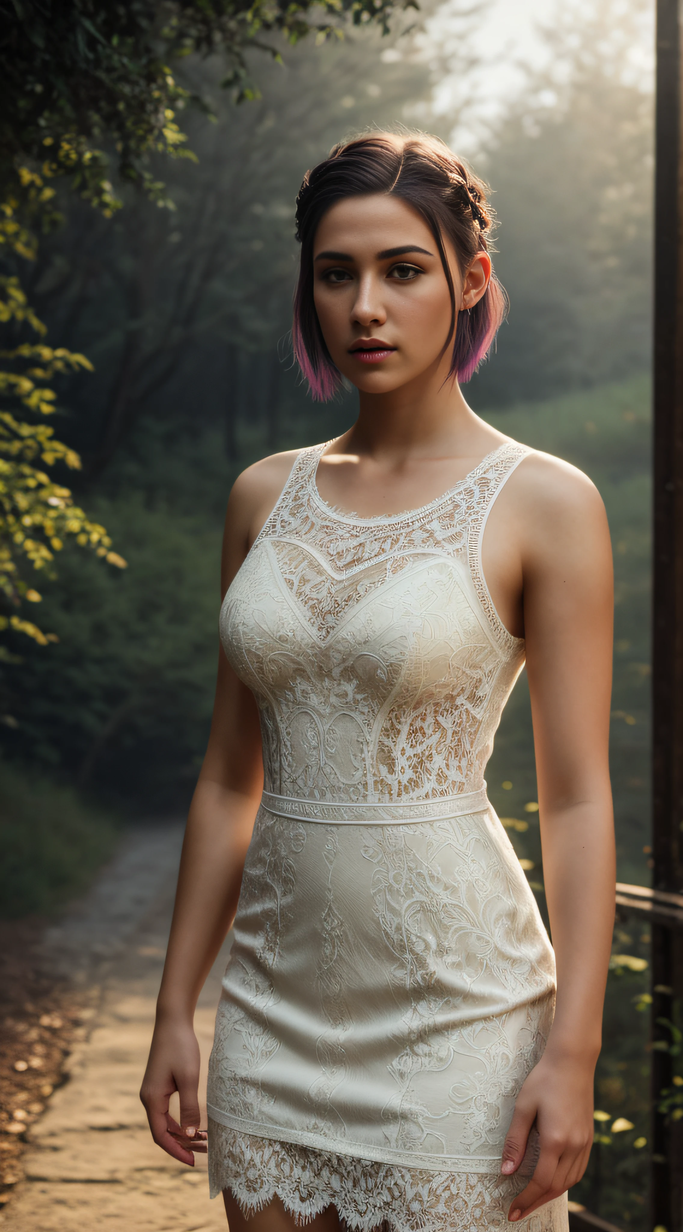 21 year old girl, shaved hair, lace dress, photorealistic, cinematic scene, hyperrealistic, ray tracing, HDR, best quality, High resolution, 8K