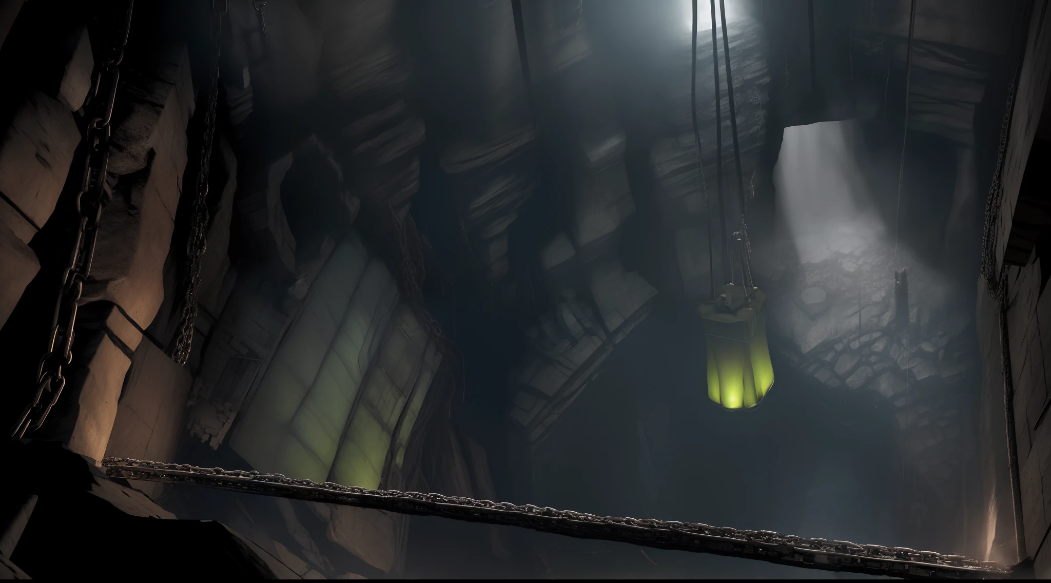 tombs, (bottomless pit:1.5), coffins hanging by chains from the ceiling. viewed from above