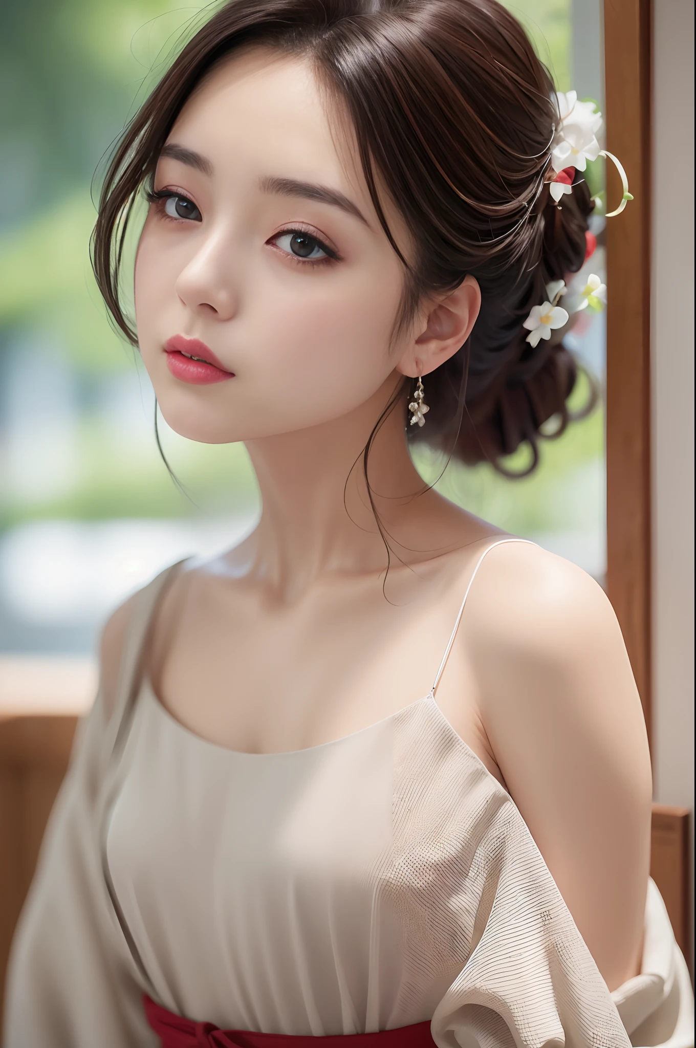 arms behind back　、　a picture、realisitic、Beautuful Women、White dress、A detailed face、Detailed lips、A detailed eye、luslous skin、One Person、red lipsticks