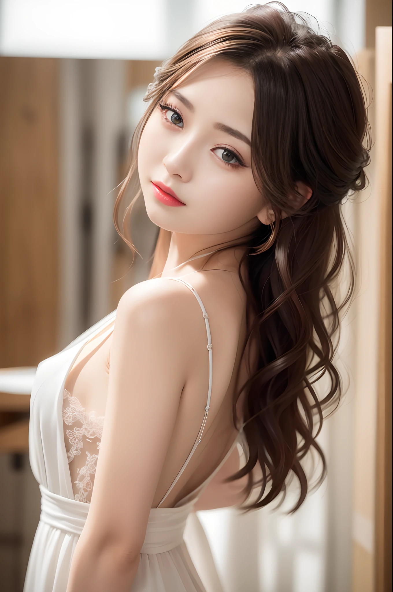 Best Quality Detail:1.2, realisitic, 8K UHD, hight resolution, 1girl in:1.2, The ultra-detailliert, High quality textures, intricate detailes, detaileds, Very detailed CG, High quality shadows, Detail Beautiful delicate face, Detail Beautiful delicate eyes, depth of fields, Ray traching, Women over 24 years old, Pretty Kpop Girl, Korean Urzan Face:1.1, Slender face, ulzzang -6500-v1.1:0.6, pureerosface_v1, gloweyes, teak, Glossy lips, perfectbody、Very very cute face、(deep in the night)、Rear view、((Sheer lace nightgown、a miniskirt))(off shoulders)、sticking out the buttocks、Sharp focus for eye contact with the camera:1.2,Cute woman with perfect body shape:1.4,The best smile,A slender,Cameltoe、Photorealsitic:1.4, ultra-detailliert, photos realistic, Full Color RAW Photos, Fuji Film(Medium format:1.2), Hasselblad:1.2, Carl zeiss:1.1, Incredible dynamic range photography(UTIL_Art by Smoose-768:1.1), hight resolution, High pixel count, clear details, crisp image, Natural color reproduction, Noise Reduction, High fidelity, qulity, Software Improvements, Upscaling, Optimized algorithms, Pro-level retouching、((bedroom))