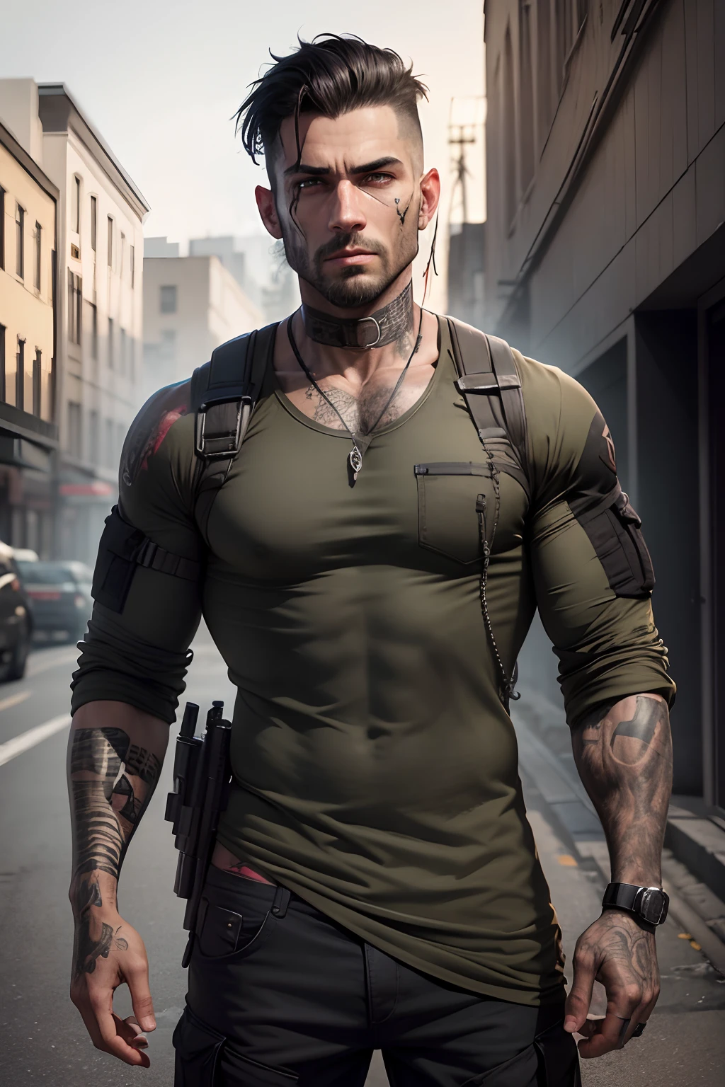 military male in his 30s, dirty tactical clothes, handsome, tattoos, best quality, facing forward, knife in hand, tattoo on neck, black hair, grey eyes, zombie apocalypse, half body view, white and black ethnicity, kind facial expressions