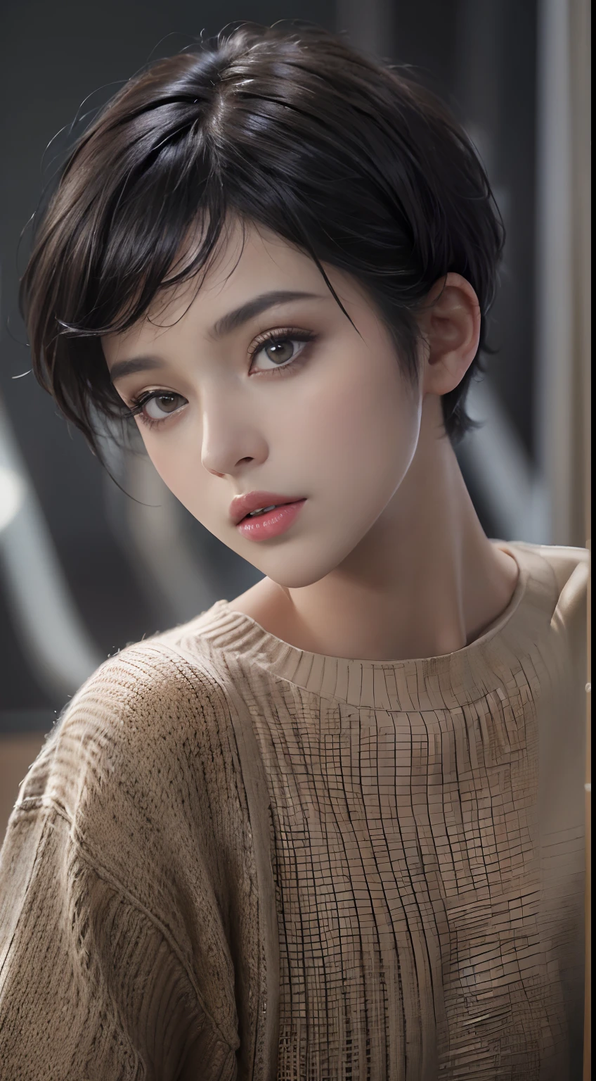 (masterpiece:1.3), (8k, photorealistic, RAW photo, best quality: 1.4), (1girl), beautiful face, (realistic face), (black hair, short hair:1.3), beautiful hairstyle, realistic eyes, beautiful detailed eyes, (realistic skin), beautiful skin, (sweater), absurdres, attractive, ultra high res, ultra realistic, highly detailed, golden ratio