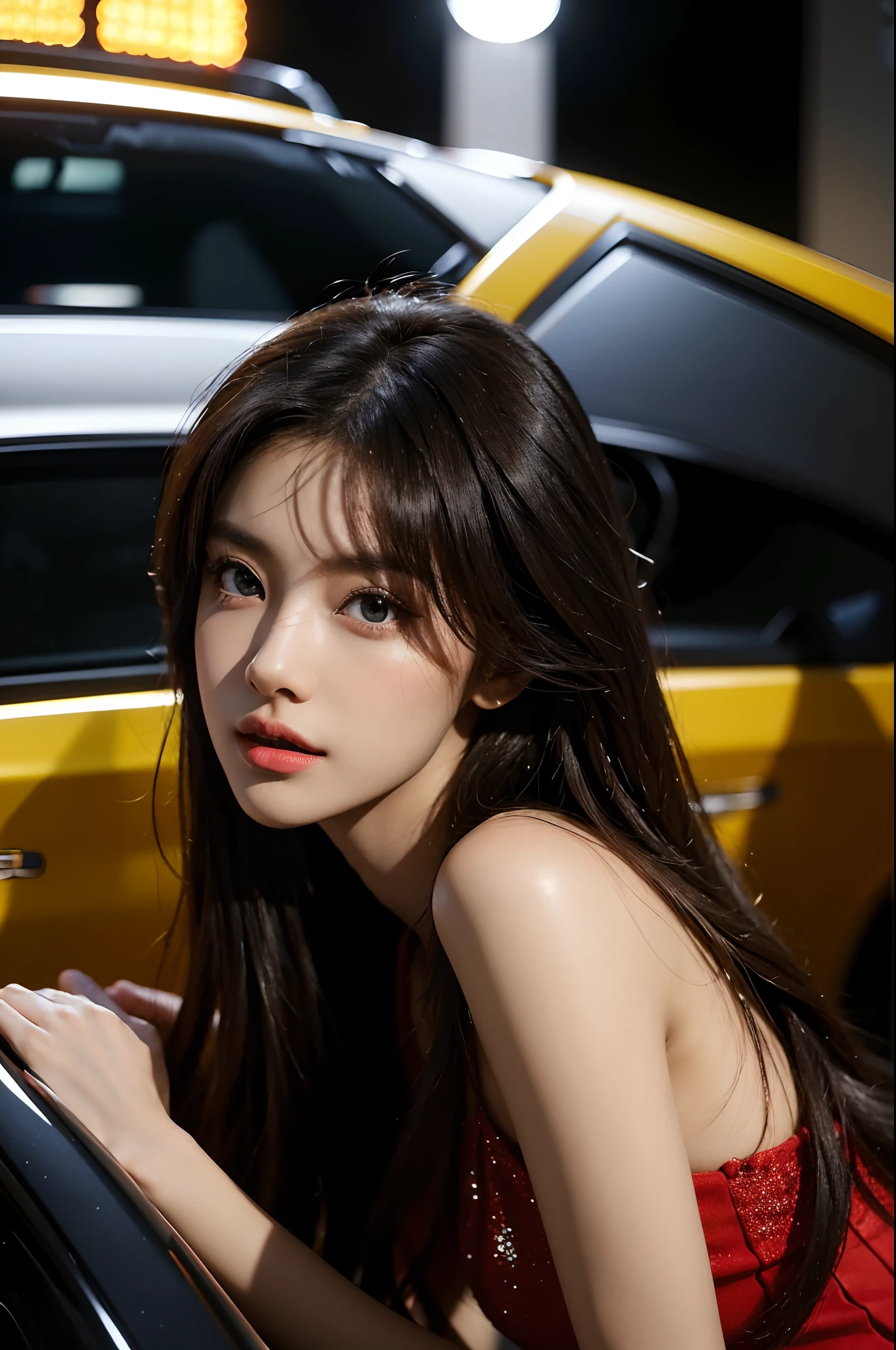 (Best quality,4K,8K,A high resolution,Masterpiece:1.2),Ultra-detailed,(Realistic,Photorealistic,photo-realistic:1.37),Car model,korean beautifull girl,mesmerizing looks,stunning features,Perfectly styled hair,Beautiful eyes with long eyelashes,Full and luscious lips,Flawless complexion,slim and toned body,Wear a stylish and elegant dress,Show yourself confidently in front of a luxury sports car,The brilliant lights highlight her beauty,Bright colors enhance the overall image,Studio setup with professional photography techniques,Showcasing the perfect combination of beauty and automotive craftsmanship.