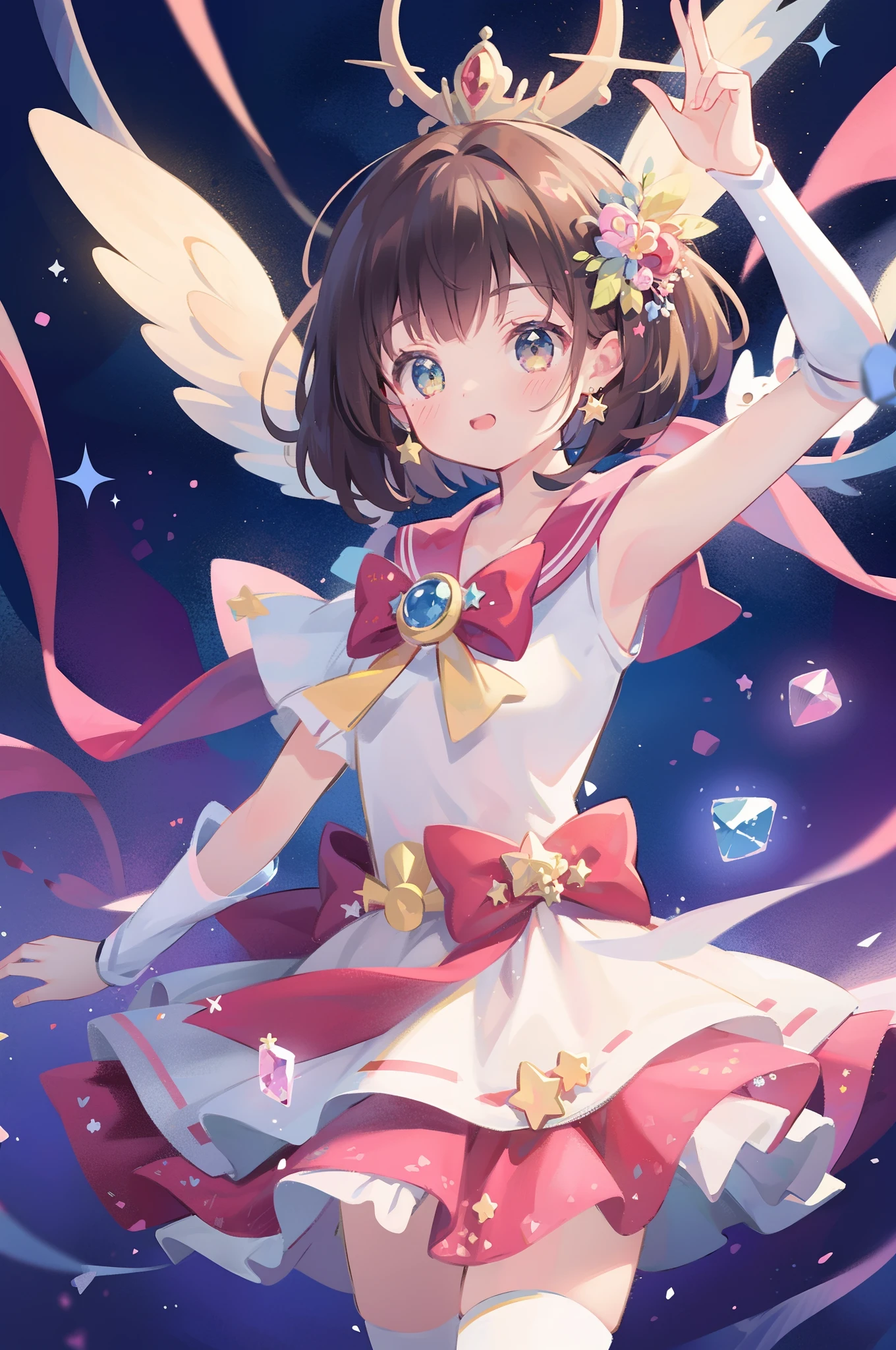(((Rainbow Magical Girl Costume)))、Panty shot、Beautiful Magician、short brown hair、((whole body))、(((photo taken from below)))、The background is darkness
