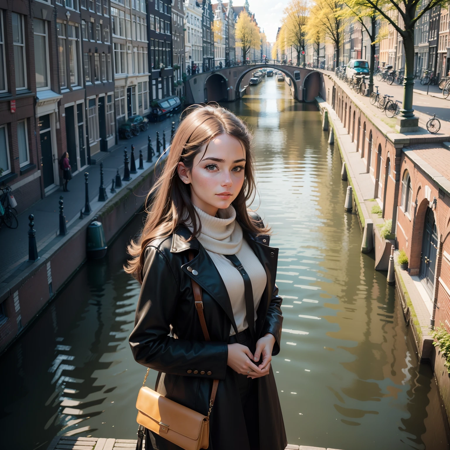 A woman in Amsterdam standing in front of the canal downtown.