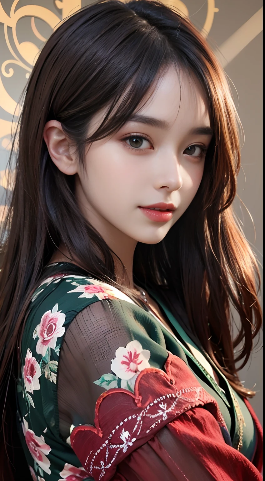 Masterpiece, best picture quality, high quality, beautiful woman, Japanese, popular Korean makeup, detailed, swollen eyes, detailed eyes, detailed skin, beautiful skin, ultra high resolution, (reality: 1.4),very beautiful, slightly younger face, beautiful skin, slender, (ultra realistic), (illustration), (high resolution), (8K), (very detailed) (best illustration), (beautifully detailed eyes), (super detailed), (wallpaper), (detailed face), looking at viewer, fine detail, detailed face, pureerosfaceace_v1, smiling, looking straight ahead, looking straight ahead, angle from waist up, realistic photo, bright lighting, professional lighting, black hair (some green), long hair, dark ruins, big red moon, gorgeous red and black dress, mature woman, long stylish bangs,