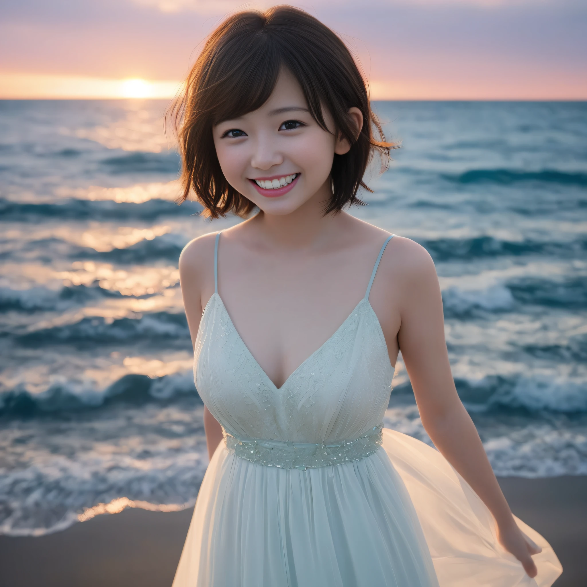 Only one girl、((perfect bodies)))、(masterpiece)、((top-quality))、(ultra-detailliert)、((extremely delicate and beautiful))、(((Very shallow depth of field)))、nffsw,(((incredibly absurdness)))、((perfect bodies)))、(((A dark-haired)))、(((short cut hair)))、(Okabo hair)、(((Looking at the camera)))、(((small tits)))、(((The best smile that makes you happy)))、Camisole dress、mare+Background with、dynamic ungle、female focus on、{Particles of light}、Meticulous background、((paul hedley)))、Soft lighting、(Dramatic sunset)、Evening glow、Very beautiful sunset、Live action、realisitic、Angle from above、cute smile face、(the background is blurred)、ar old、being thin、((the wind))、(((movement)))、(((emotional)))、((colourfull))、((a baby(Beautiful teeth)) 、f lare、sea the background of