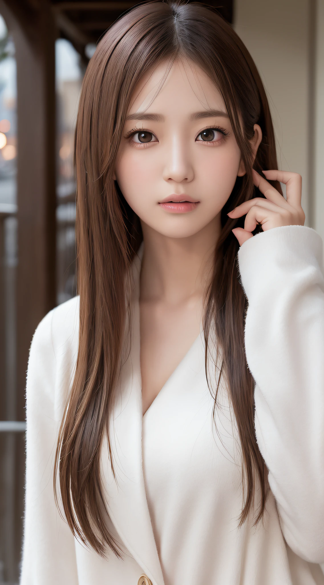 1womanl, (up of face:1.5), light brown hair, Blunt bangs, hair behind ear, hair over shoulder, Long hair, Ultra Fine Face, Thin face, Delicate lips, (beautidful eyes:1.5), thin blush, eyes are light brown,View here, Ultra-thin hands, Ultra-fine fingers, best ratio four finger and one thumb, white longcoat, muffler ,Port Area ,One-person viewpoint,  8K, masutepiece, nffsw, Super Detail, High quality, Best Quality, hight resolution,