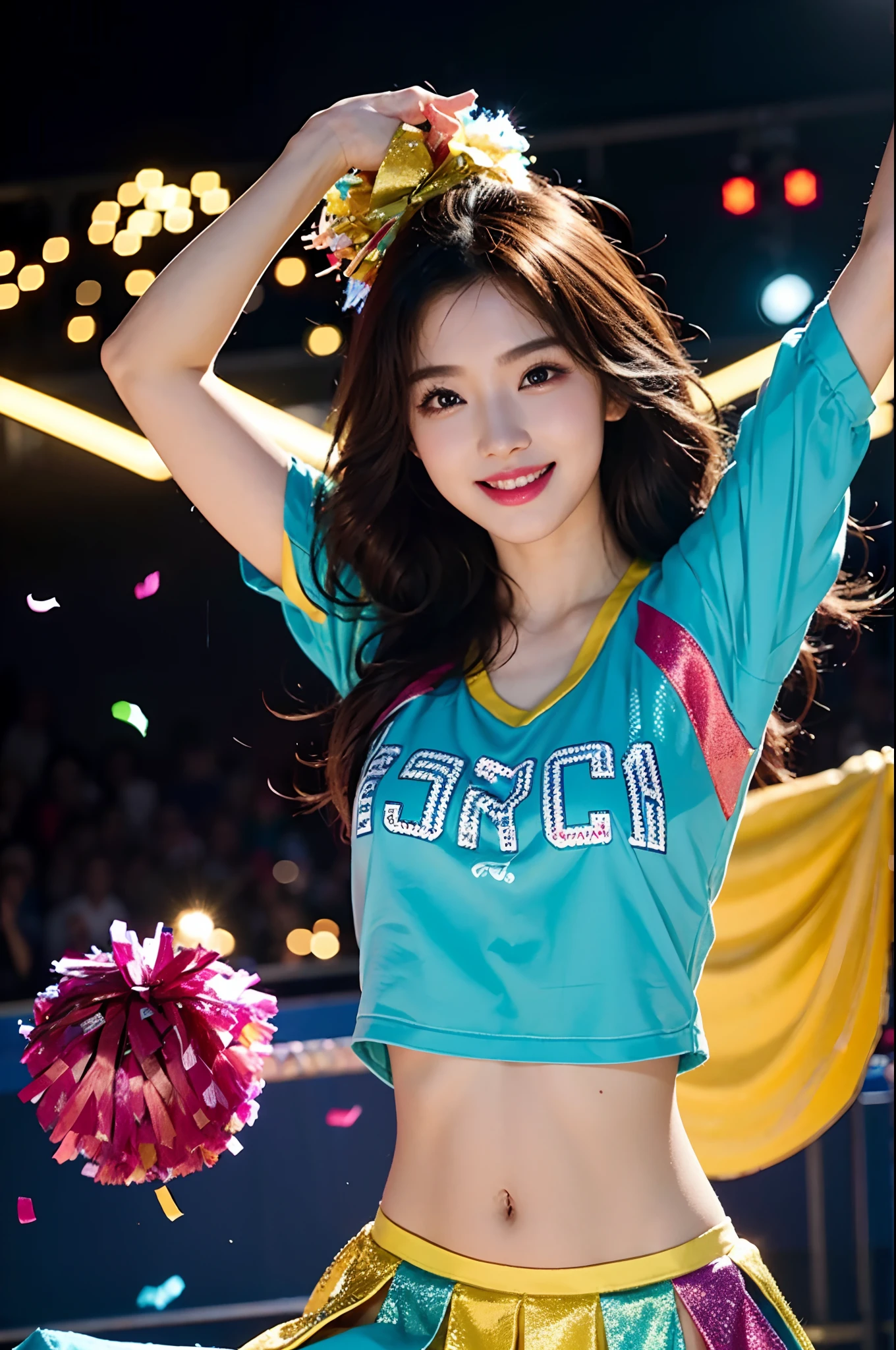 Beautiful Korean idol cheerleader
posters,Painting,high resolution,Ultra-detailed,Realistic:1.37,Vivid colors,hdr,Studio lighting,Sharp focus,
Dance energetically,Smiling happily,Perfect makeup,Stunning costumes,
crowd cheering,exciting atmosphere,dynamicposes,Expressive movements,
Beautiful hair,Sparkling eyes,rosycheeks,full pouty lips,
Colorful pompoms,Flying confetti,Glowing spotlights,
Engaging performance,Spirited cheers,Unforgettable memories