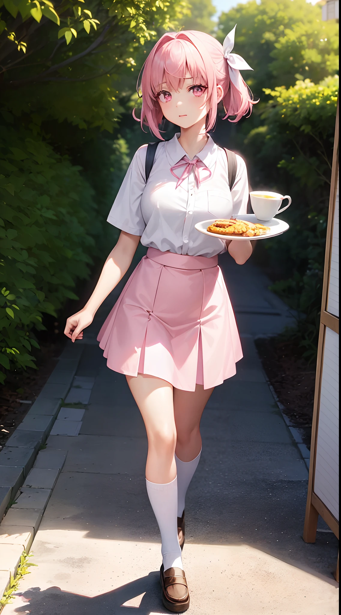 1 girl 19 years old, pink eyes, extreme eyes detail, beautiful eyes, hair ribbon, short pink hair, wearing a white Japanese school uniform, wearing a short pink skirt, happy face, Both hands are carrying a plate of food, walking, from the side, eyes looking forward, crowded canteen, extremely detailed, best graphics, 8k, ultrasharp, masterpiece