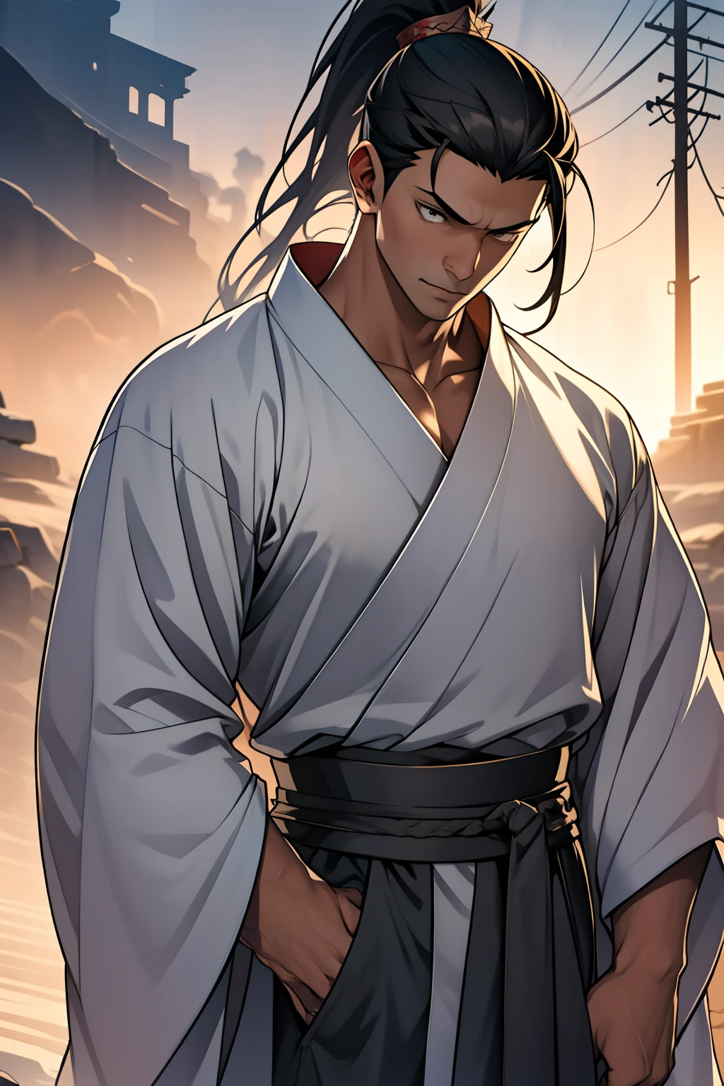 quadratic element，style of anime，mtu（Male Warrior），The proportions are correct，Face details，swordsmen，High ponytail hairstyle，Neck details，There is an Adam's apple，Black Hanfu，kaftan，Embroidered robes，Black robe，clothes details，Handing over，longer sleeves，Game quality，Swordsmanship，Light and shadow tracking，Ray traching，detailed glow，cg render，hair detail，cabelos preto e longos，Black eyes，Handsome，Handsome，（juvenile sense），Clothing is complicated，Perfectcomposition，Refinement，high qulity，higher details，Lots of details，The background is complex，a sense of atmosphere，