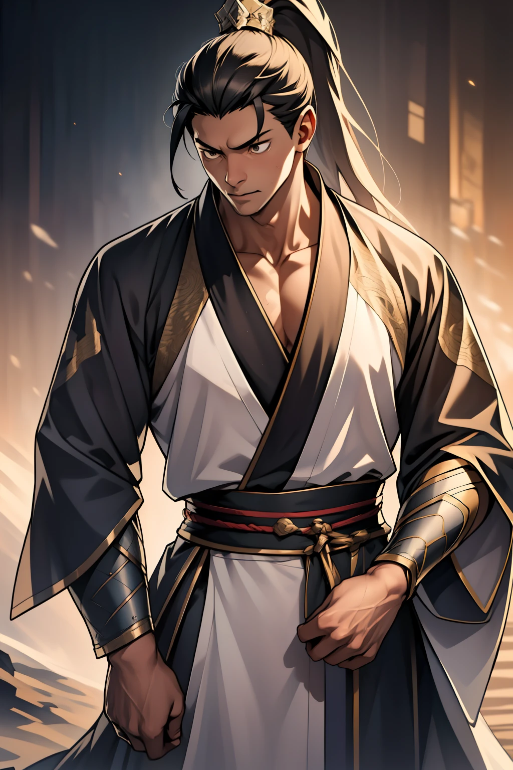 quadratic element,style of anime,mtu(Male Warrior),The proportions are correct,Face details,swordsmen,High ponytail hairstyle,Neck details,There is an Adam's apple,Black Hanfu,kaftan,Embroidered robes,Black robe,clothes details,Handing over,longer sleeves,Game quality,Swordsmanship,Light and shadow tracking,Ray traching,detailed glow,cg render,hair detail,cabelos preto e longos,Black eyes,Handsome,Handsome,(juvenile sense),Clothing is complicated,Perfectcomposition,Refinement,high qulity,higher details,Lots of details,The background is complex,a sense of atmosphere,