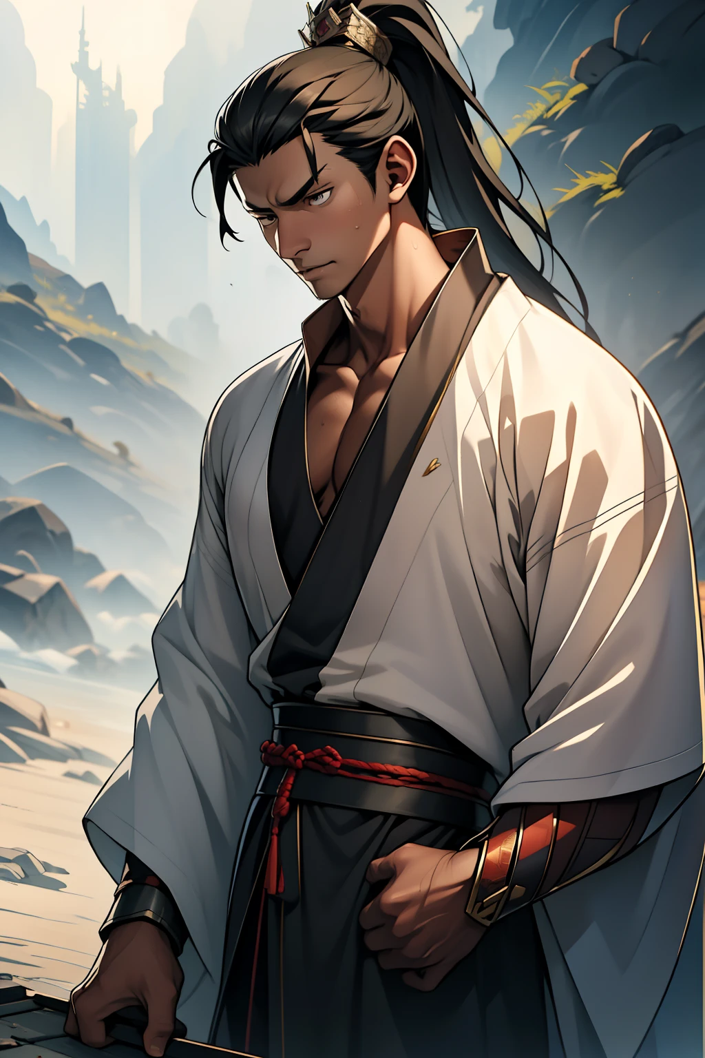 quadratic element，style of anime，mtu（Male Warrior），The proportions are correct，Face details，swordsmen，High ponytail hairstyle，Neck details，There is an Adam's apple，Black Hanfu，kaftan，Embroidered robes，Black robe，clothes details，Handing over，longer sleeves，Game quality，Swordsmanship，Light and shadow tracking，Ray traching，detailed glow，cg render，hair detail，cabelos preto e longos，Black eyes，Handsome，Handsome，（juvenile sense），Clothing is complicated，Perfectcomposition，Refinement，high qulity，higher details，Lots of details，The background is complex，a sense of atmosphere，