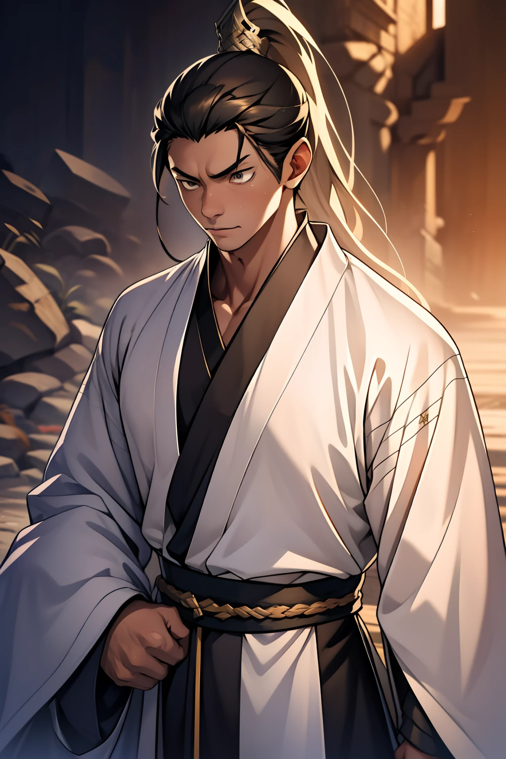 quadratic element,style of anime,mtu(Male Warrior),The proportions are correct,Face details,swordsmen,High ponytail hairstyle,Neck details,There is an Adam's apple,Black Hanfu,kaftan,Embroidered robes,Black robe,clothes details,Handing over,longer sleeves,Game quality,Swordsmanship,Light and shadow tracking,Ray traching,detailed glow,cg render,hair detail,cabelos preto e longos,Black eyes,Handsome,Handsome,(juvenile sense),Clothing is complicated,Perfectcomposition,Refinement,high qulity,higher details,Lots of details,The background is complex,a sense of atmosphere,