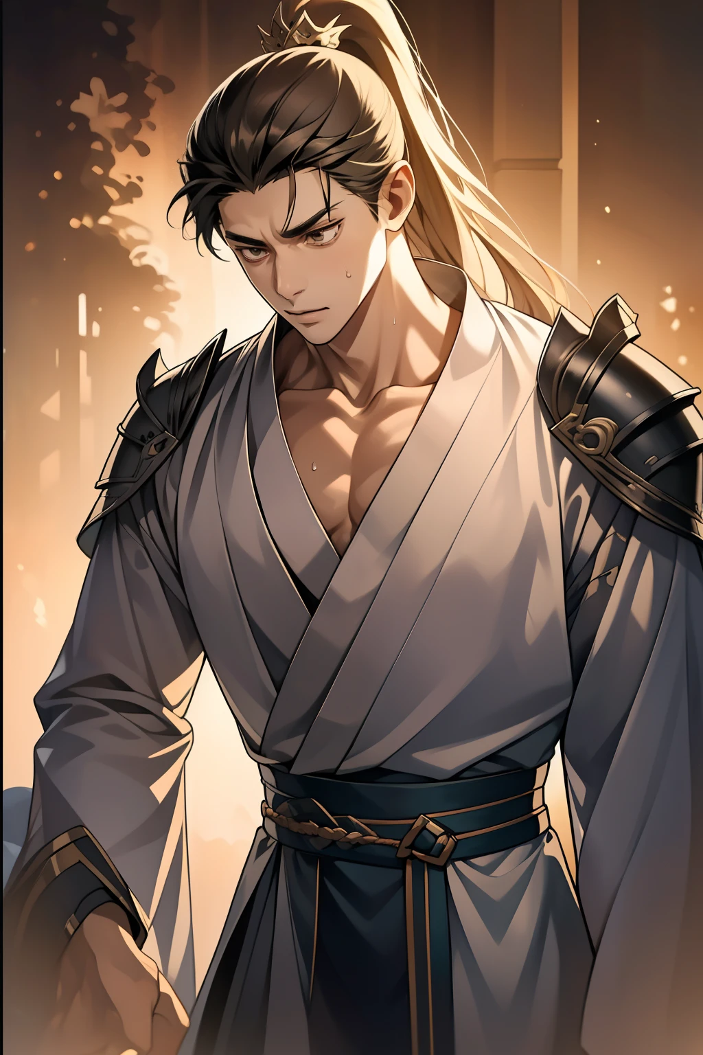 quadratic element，style of anime，mtu（Male Warrior），musculature，The proportions are correct，Face details，swordsmen，High ponytail hairstyle，perspired，Sweat on the face，drools，Neck details，There is an Adam's apple，Get wet，Drenched，Black Hanfu，kaftan，Embroidered robes，Black robe，clothes details，Handing over，longer sleeves，Game quality，Swordsmanship，Light and shadow tracking，Ray traching，detailed glow，cg render，hair detail，cabelos preto e longos，Golden eyes，Sweat on the face，Handsome，Handsome，Beads of sweat slipped down my neck，（juvenile sense），Clothing is complicated，Drenched，Get wet，Perfectcomposition，Refinement，high qulity，higher details，Lots of details，The background is complex，a sense of atmosphere，