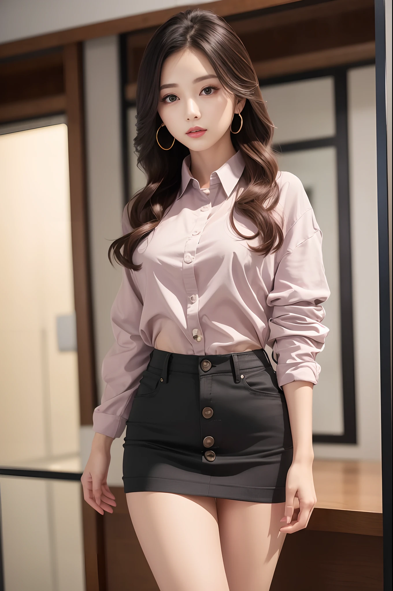 arms behind back 、 a picture、realisitic、Beautuful Women、jaket、Button shirt、tight skirts、high-heels、A detailed face、Detailed lips、A detailed eye、luslous skin、One Person、red lipsticks