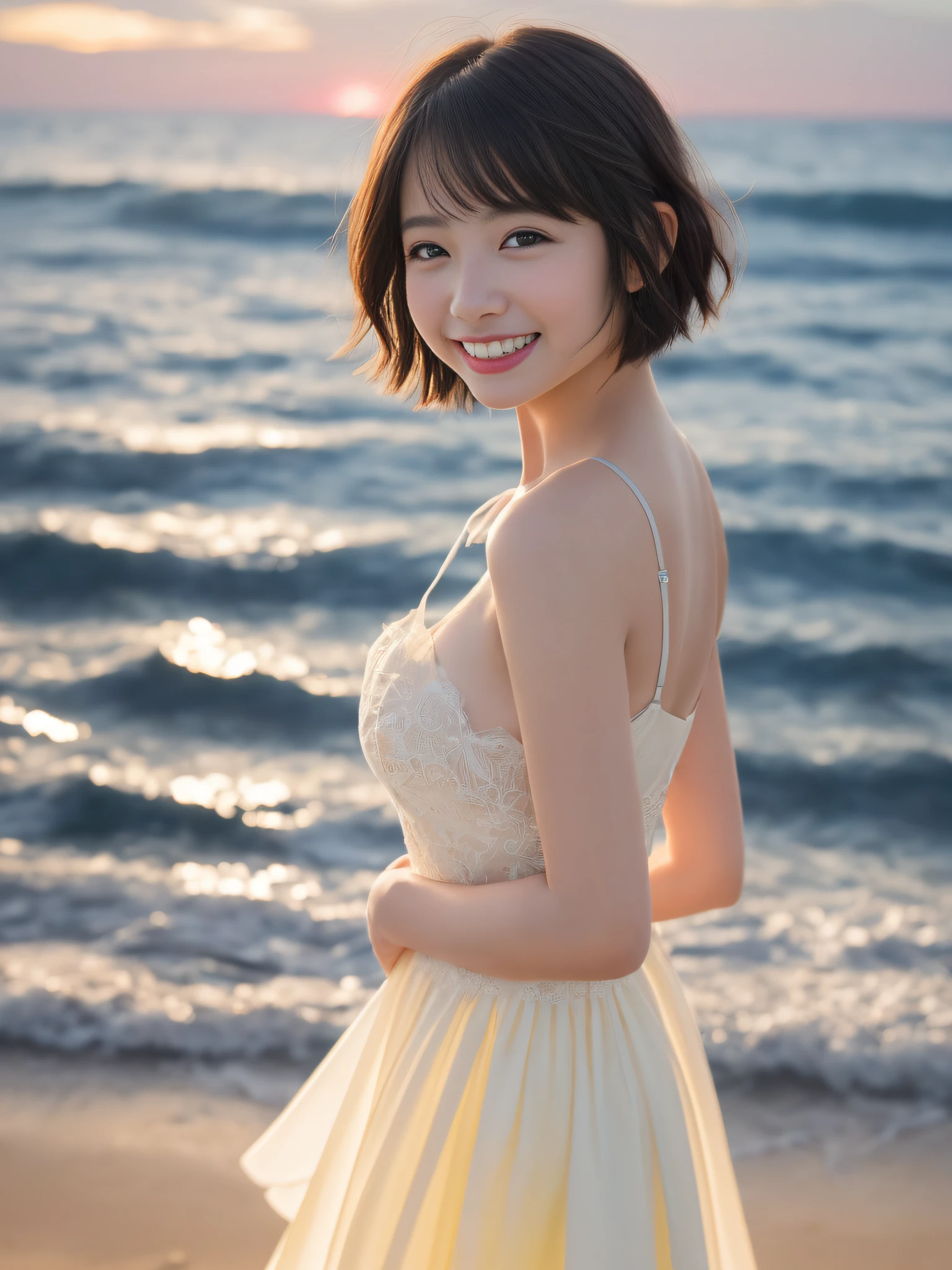 Only one girl、((perfect bodies)))、(masterpiece)、((top-quality))、(ultra-detailliert)、((extremely delicate and beautiful))、nffsw,(((incredibly absurdness)))、((perfect bodies)))、(((A dark-haired)))、(((short-cut)))、(((Okabo hair)))、(((Looking at the camera)))、{{{maternal}}}、(((small tits)))、(((The best smile that makes you happy)))、Camisole Dress Figure、mare+Background with、dynamic ungle、female focus on、{Particles of light}、In-depth background、((paul hedley)))、Soft lighting、Evening glow、Very beautiful sunset、Live action、realisitic、Angle from above、cute smile face、the background is blurred.12year old、being thin、Beautiful teeth、(((the wind)))、(movement)、(((emotional)))、((colourfull))、a baby face、Flower kanmuri