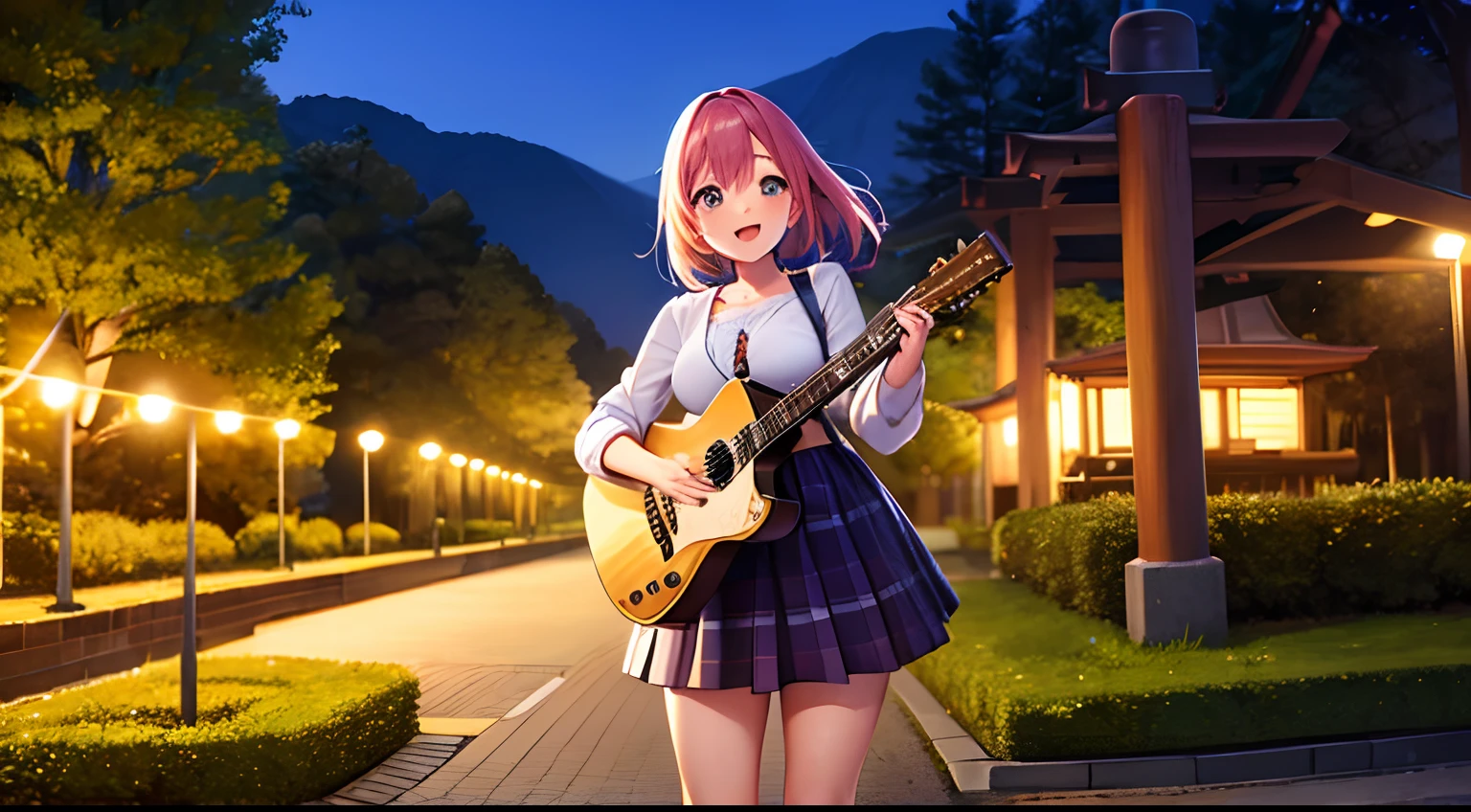 Happy girl in a park in Japan; noite, playing the guitar, noite, lua. 4k