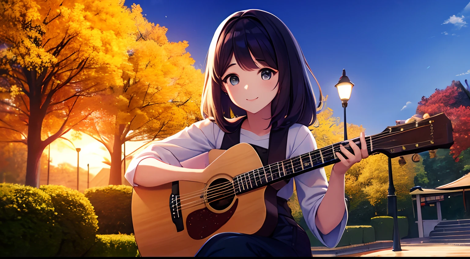 1Menina feliz, who plays guitar in a park in Japan; noite, playing the guitar,  ..lua. anime. 4k