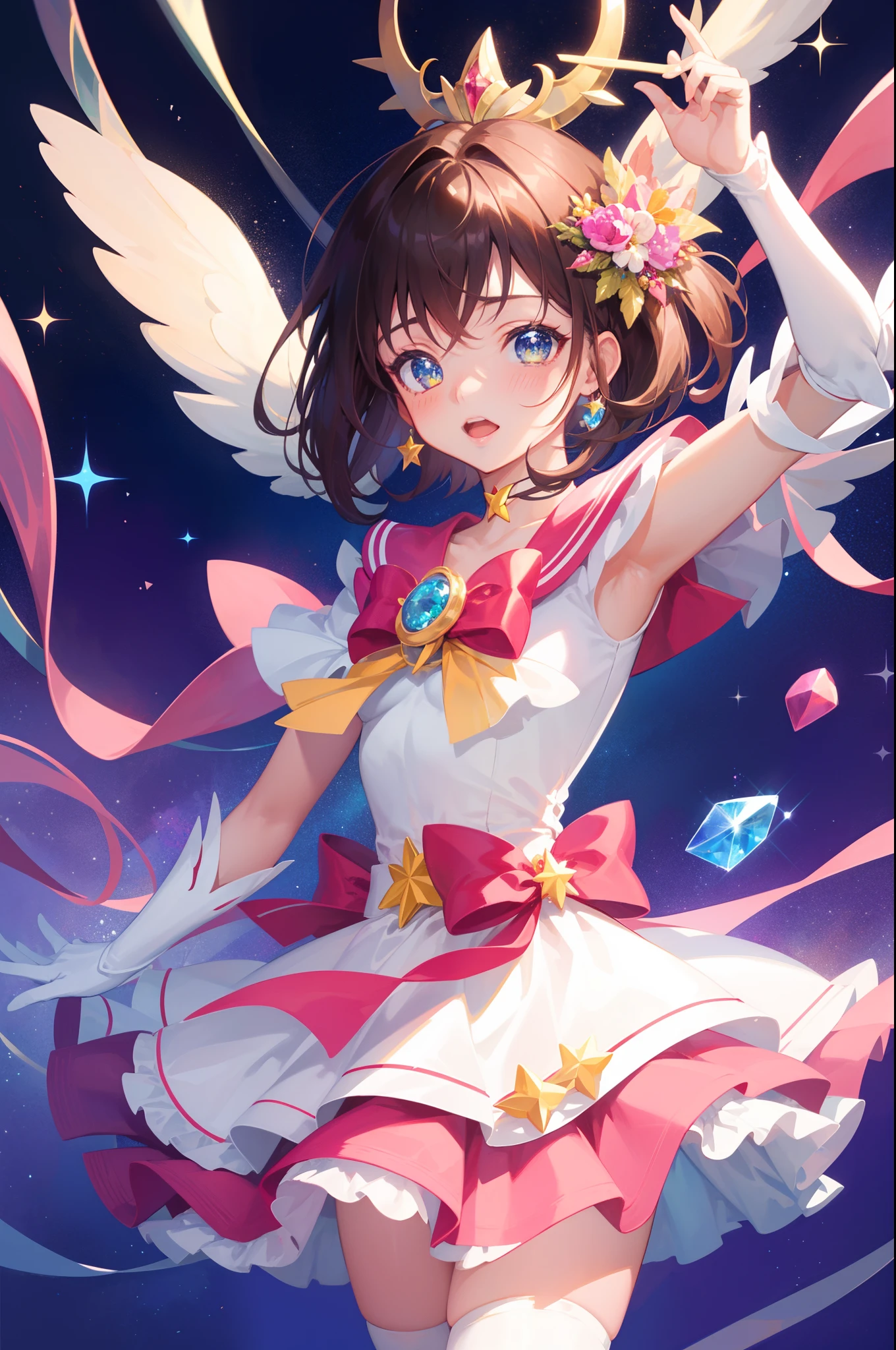 masterpiece, best quality, 1girl, magical girl, detailed magical girl costume, pretty cure, star guardian, Cardcaptor sakura, puella magi madoka magica, sailor moon, colorful gems, crystals, sparkling, bright colors