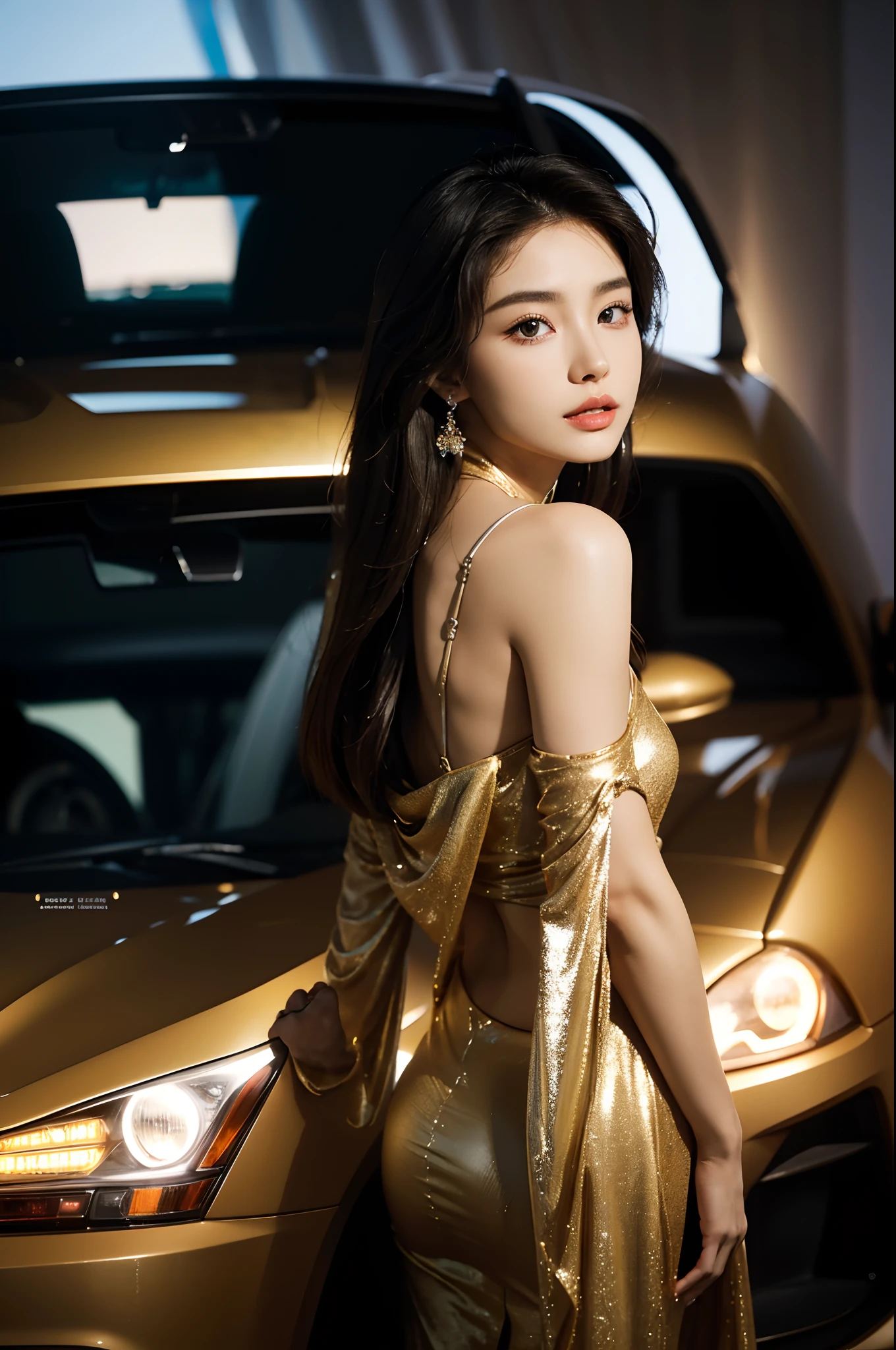 (Best quality,4K,8K,A high resolution,Masterpiece:1.2),Ultra-detailed,(Realistic,Photorealistic,photo-realistic:1.37),Car model,korean beautifull girl,mesmerizing looks,stunning features,Perfectly styled hair,Beautiful eyes with long eyelashes,Full and luscious lips,Flawless complexion,slim and toned body,Wear stylish and elegant dresses,Show yourself confidently in front of a luxury sports car,The brilliant lights highlight her beauty,Bright colors enhance the overall image,Studio setup with professional photography techniques,Showcasing the perfect combination of beauty and automotive craftsmanship.