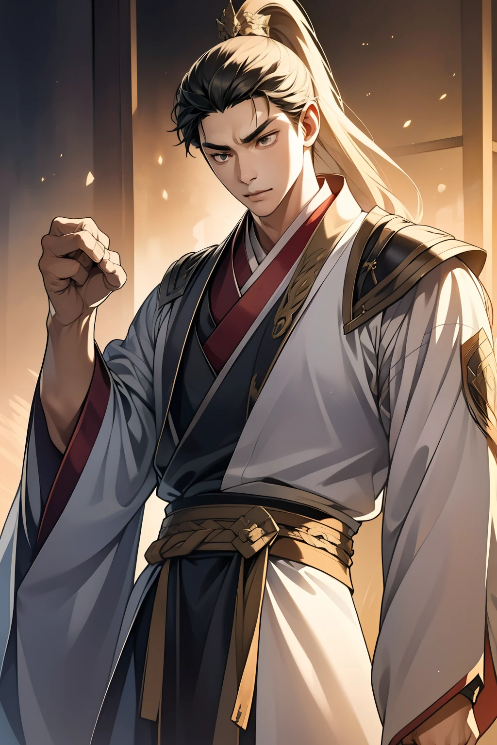 quadratic element,style of anime,mtu(Male Warrior),The proportions are correct,Face details,swordsmen,High ponytail hairstyle,Neck details,There is an Adam's apple,Black Hanfu,kaftan,Embroidered robes,Black robe,clothes details,Handing over,longer sleeves,Game quality,Swordsmanship,Light and shadow tracking,Ray traching,detailed glow,cg render,hair detail,cabelos preto e longos,Black eyes,Handsome,Handsome,(juvenile sense),Clothing is complicated,Perfectcomposition,Refinement,high qulity,higher details,Lots of details,The background is complex,a sense of atmosphere,