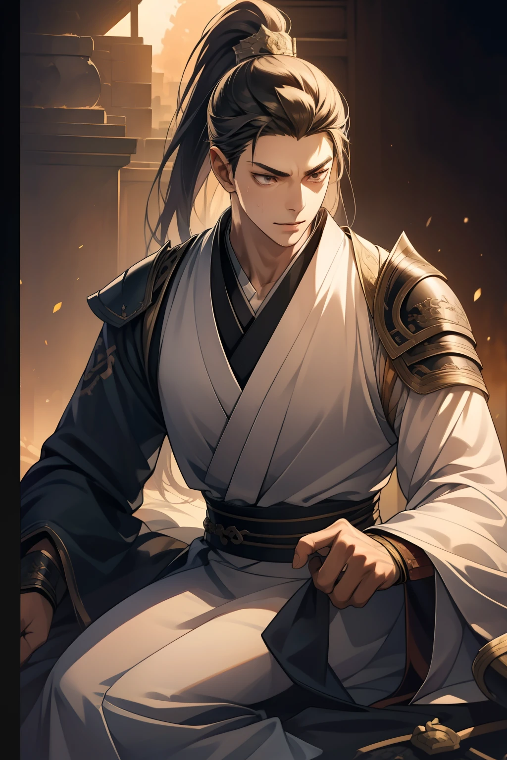 quadratic element，style of anime，mtu（Male Warrior），The proportions are correct，Face details，swordsmen，High ponytail hairstyle，Neck details，There is an Adam's apple，Black Hanfu，kaftan，Embroidered robes，Black robe，clothes details，Handing over，longer sleeves，Game quality，Swordsmanship，Light and shadow tracking，Ray traching，detailed glow，cg render，hair detail，cabelos preto e longos，Black eyes，Handsome，Handsome，（juvenile sense），Clothing is complicated，Perfectcomposition，Refinement，high qulity，higher details，Lots of details，The background is complex，a sense of atmosphere，