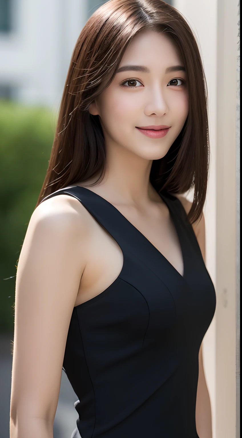 ((best qualtiy,8k,tmasterpiece:1.3)), 1girll, ssmile, full bodyesbian, Slim Faces, Beautiful woman, (dark brown hair), full length dress :1.1, Super detailed face, Detailed eyes, 二重まぶた, blur backgroun, Slim Faces, 城市, do lado de fora, the street,full bodyesbian
