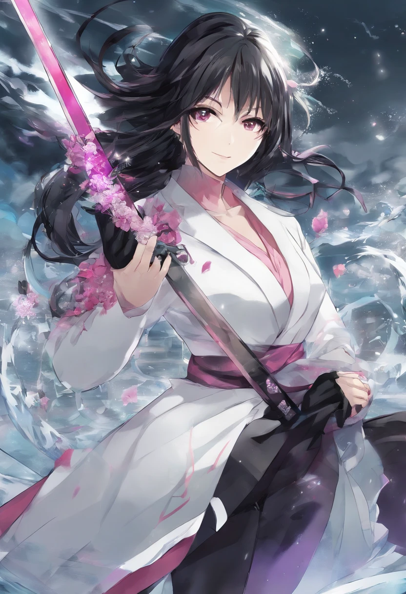 anime,Garota de cabelo branco misturado com rosa e roxo,olhos brancos, holding a katana in his right hand made of ice,fragmentos de gelo ao seu redor e o solo congelado,wearing black pantyhose up to just before the waist,com uma saia um pouco curta indo antes do joelho, cortada um pouco na esquerda da coxa as mostrando,wearing a black blouse up to before the neck,com um decote branco segurando seus peitos, Holding a white overcoat on his arm