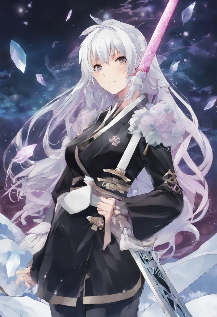 anime,Garota de cabelo branco misturado com rosa e roxo,olhos brancos, holding a katana in his right hand made of ice,fragmentos de gelo ao seu redor e o solo congelado,wearing black pantyhose up to just before the waist,com uma saia um pouco curta indo antes do joelho, cortada um pouco na esquerda da coxa as mostrando,wearing a black blouse up to before the neck,com um decote branco segurando seus peitos, Holding a white overcoat on his arm