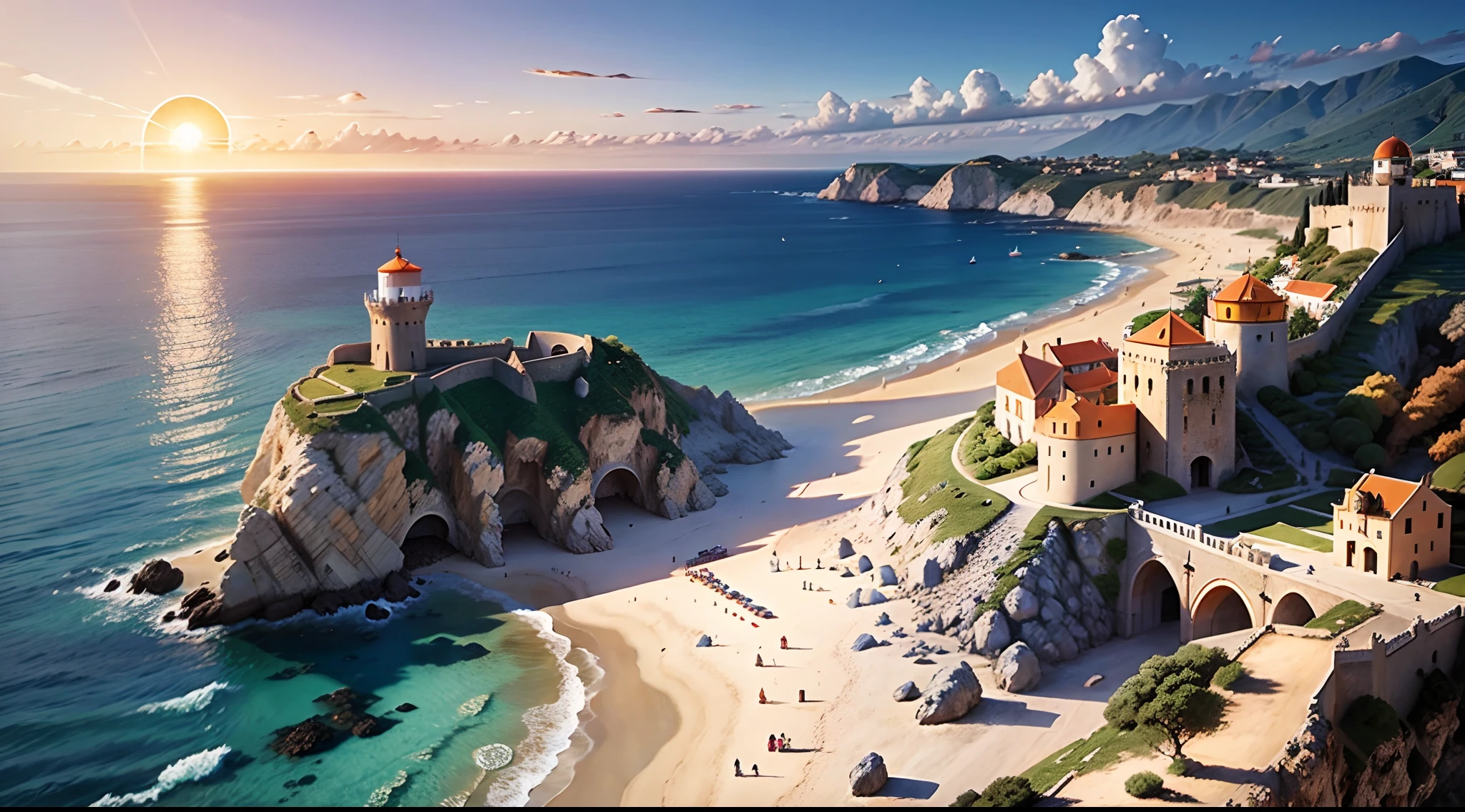 Corfu, medieval military strategical fort, Castle with 4 houses in Europe, Adriatic Sea coastal, island entrance of Adriatic Sea, cliff coastal, Venetian elements, house with orange roof and white wall, small and vulgar and poor 4 houses some near some faraway with dirt road with 1 watch towers with 1 lighthouse with 1 castle on coastal cliff hill with 1 chapal in the image, magic hour sunset is shining in the whole image, with no Eastern style no Chinese Style no Japanese style, Northern Italian elements, exterior, Italian building style, 16th century, renaissance, age of exploration