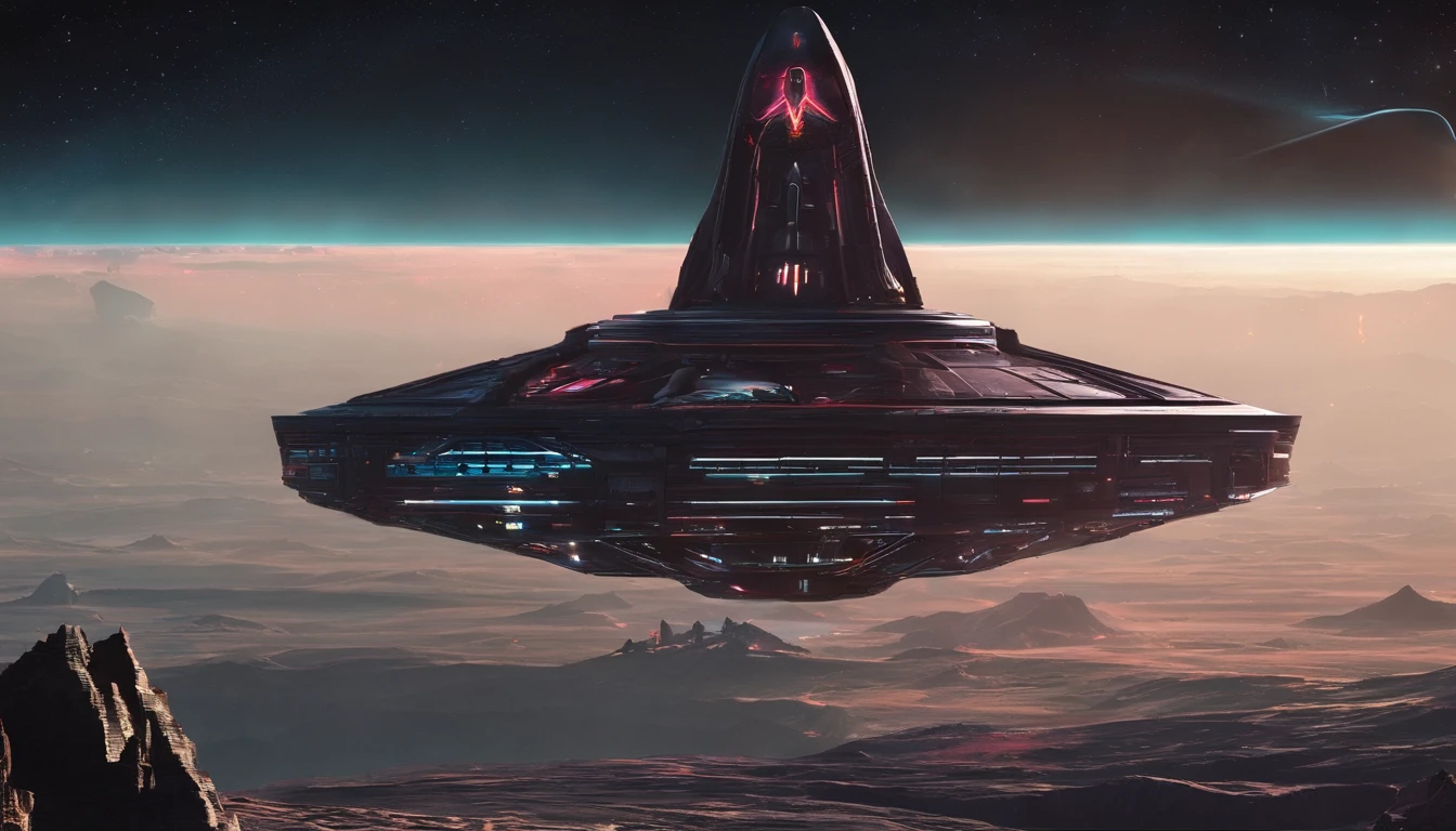 ((master part)),(best quality)),Magnificent spatial image scene,astro,Interestelar,((Enorme nave estelar))),Black triangular spacecraft with neon lights,Starry sky bright red,8k,super-fino,alta qulidade