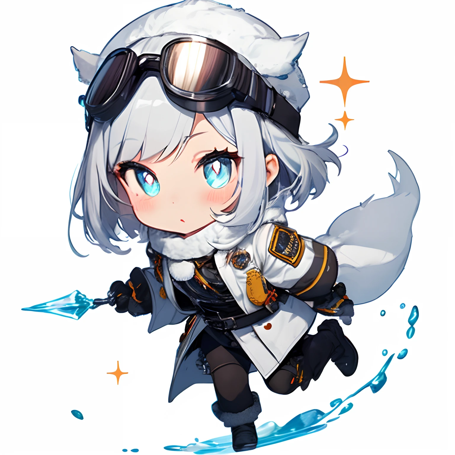 best quality,ultra detailed,1girl,chibi,game Character,((full body, white background, solid background)), dynamic angle, dynamic pose,kawaii,beautiful,detailed face,beautiful detailed eyes, sparkling pupils eyes,Arctic Sheriff,Frigid sheriff uniform, goggles on head, fur coat, ice badge,Silver hair,shiny bob hair,
Strong, sense of justice,white background,