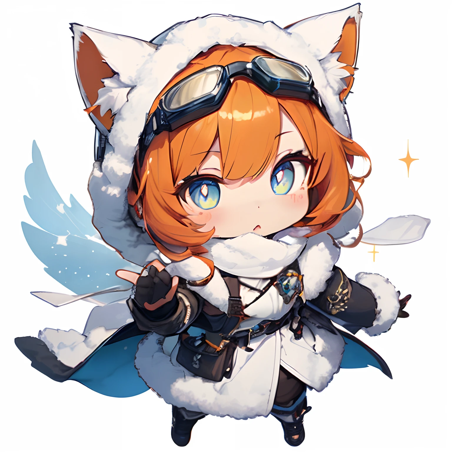 best quality,ultra detailed,1girl,chibi,game Character,((full body, white background, solid background)), dynamic angle, dynamic pose,kawaii,beautiful,detailed face,beautiful detailed eyes, sparkling pupils eyes,Arctic Sheriff,Frigid sheriff uniform, goggles on head,scarf, Eskimo,fur coat, ice badge,cat ears,orange hair,shiny bob hair,
Strong, sense of justice,white background,