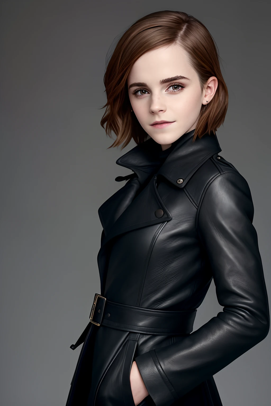 Portrait of Emma Watson. Smiling. Wearing long leather black coat. Looking somewhere. Unexpected photography.