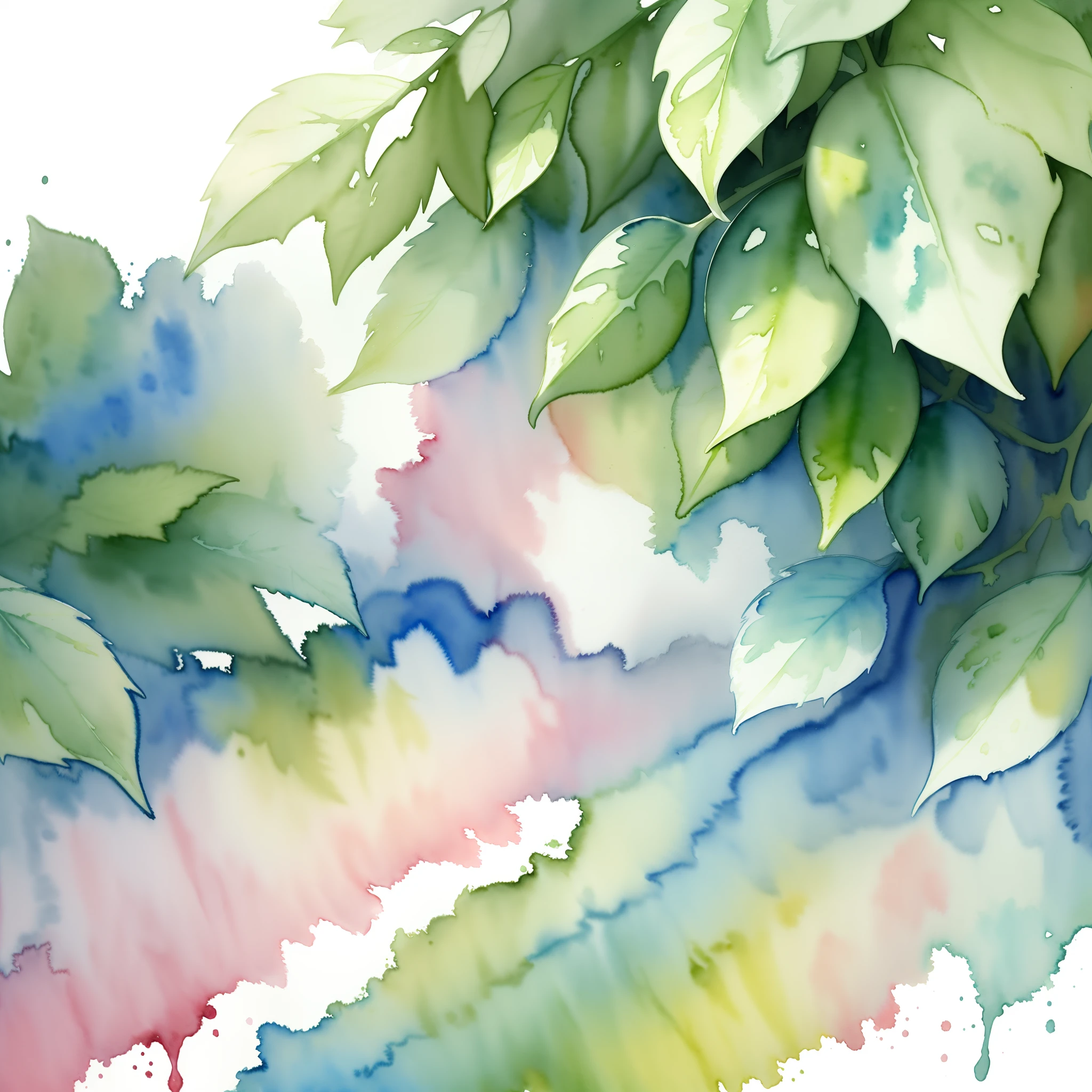 (watercolor:1.4), splatter watercolor, white background, fine art, masterpiece, super detail, high quality, award winning, 8k, Foliage plant, fresh green leaves, on a sunny day, in winter, in the afternoon