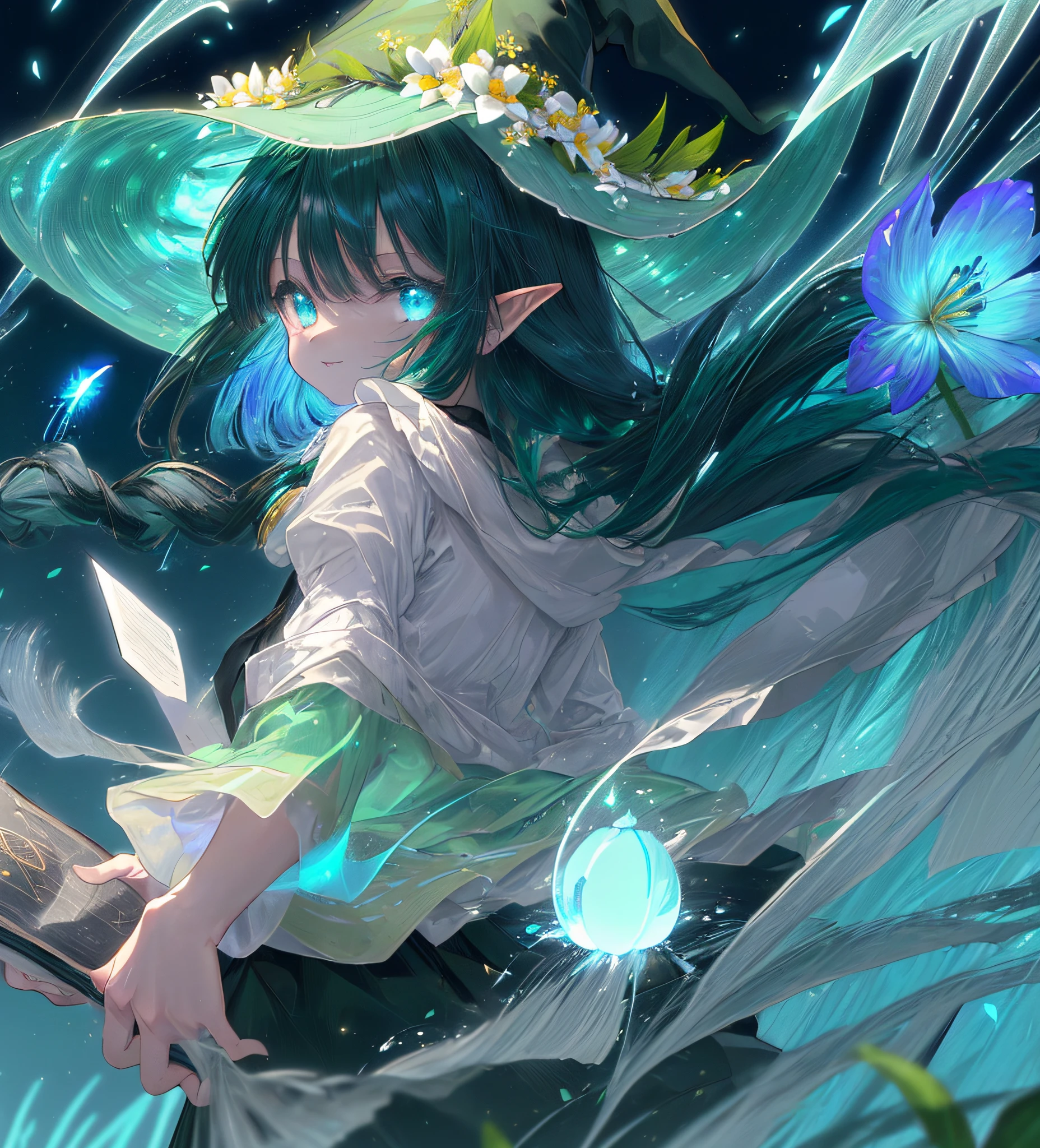 ((masterpiece))、 ((best quality)) ((high quality))、(beautiful)、extremely detailed game CG、 high resolution, high quality、 best quality、stylized illustrations、 shiny、 perfect anatomy, almost naked, ((solo, 1girl)), (cute), smile, extremely detailed and beautiful face、(obra prima:1.2、qualidade superior)、detalhes intrincados、1girl em、olhos castanhos claros:1.5、very detailed eyes、upper body、reflection in hair、long black hair、braids、cabelo liso sedoso、Twilight Look、Poncho cinza longo、elf ears、witch hat、green outfit、golden bracelets、potions、Magic、witch、(((Ao ar livre、Campo de flores、flor colorida々)))、luz natural、Blue open sky、nuvens cumulonimbus、(luminescent grass:1.5, green leaves:1.5), flower petals, white glow in the flower petals: 1.5, (blue sky: 1.4. bioluminescent sunshine: 1.4), florescent petals, (((bioluminescence: 1.5))), (((glowing speck: 1.5, white light speck:1.5,))), ((night: 1.5))