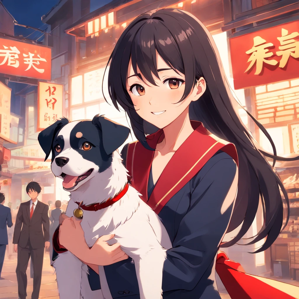 tmasterpiece, best qualityer, cinematic Film still from, Long-haired woman, chineseidol,Red clothes,Black hair Chinese man,Business suit,A white puppy,Picture,white backgrounid,happy laughing,Bust photo