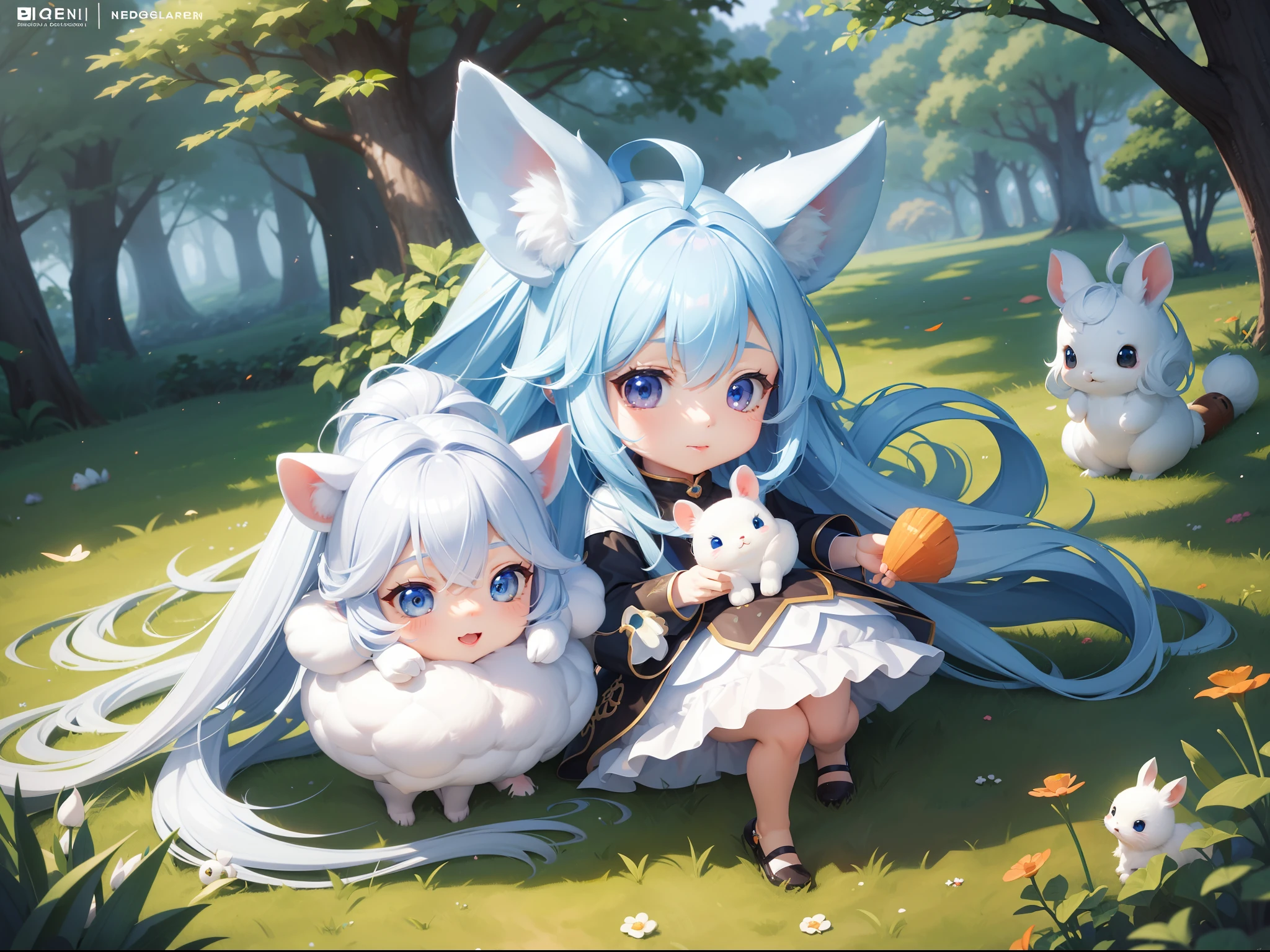 There are small white rabbits with carrots and long ears, White long ears、I'm with a girl with long blue hair and a chibi character。It is a cute white and blue costume。Dark eyes。cute forest creature, Cute mushrooms also grow、Adorable Digital Painting, cute detailed digital art, the squirrel king, Cute digital art, cute cartoon characters, cute character, CuteCreatures, Cutie, official illustrations, Official art, squirrel, maplestory mouse, astri lohne, cute 3d render