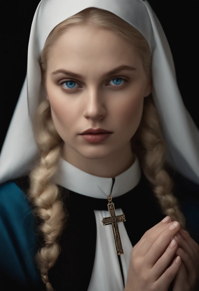 nun with blonde hair blue eyes slightly chubby cheeks and a pouty expression, furrowed eyebrows, frustrated look, slight blush holding a cross in the image and hands clasped together as if praying