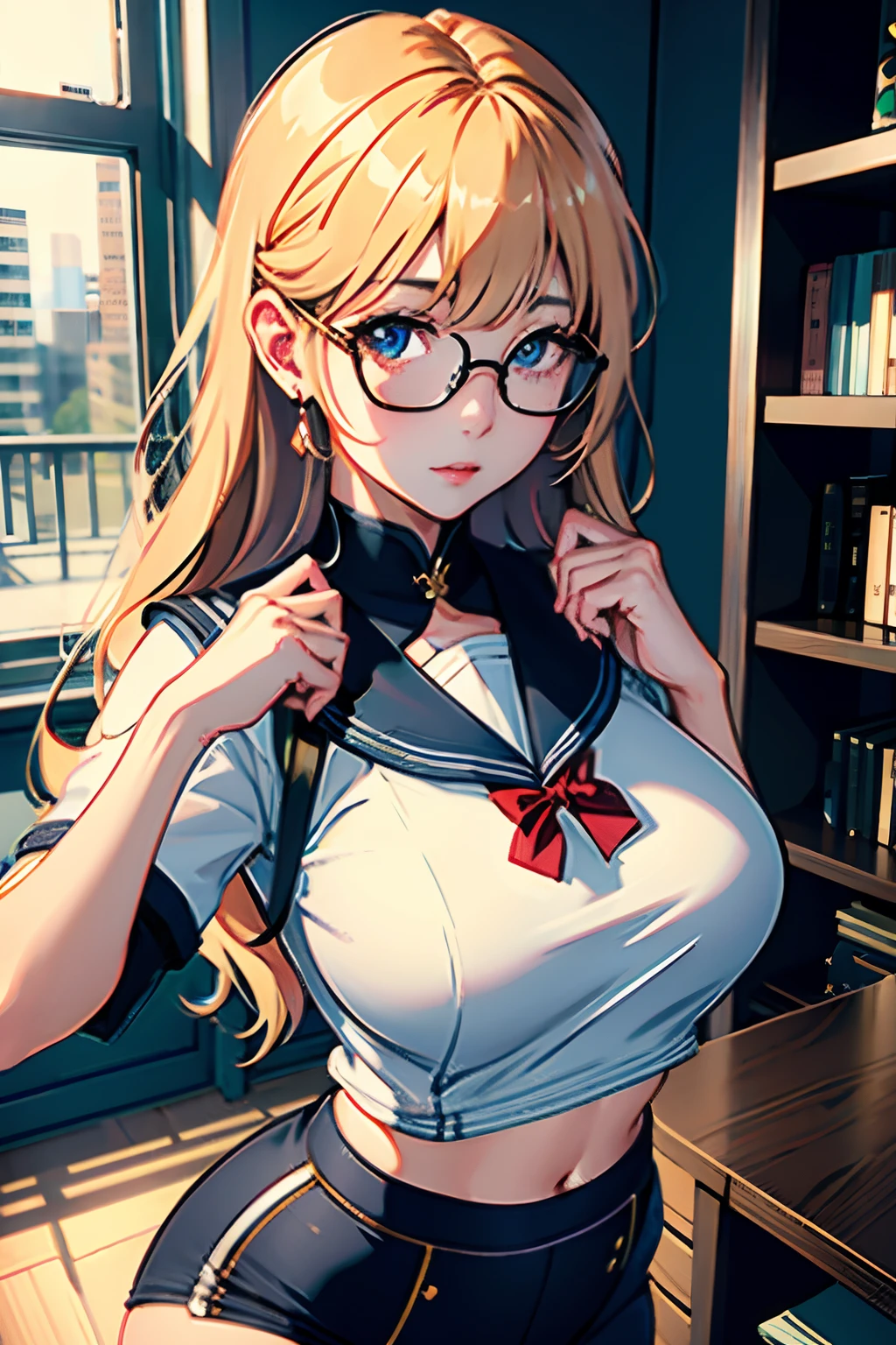 (the Extremely Detailed CG Unity 8K Wallpapers)、top-quality、独奏、1girl in、beatiful detailed eyes、Bright pupils、(extremely delicate and beautiful)、(Beautiful and detailed eyes description)、ultra-detailliert、masterpiece、))、Colossal tits、atlibrary、Put your hands on your chest、Photorealsitic、Sailor Mercury、Big buttocks、student clothes、eye glasses