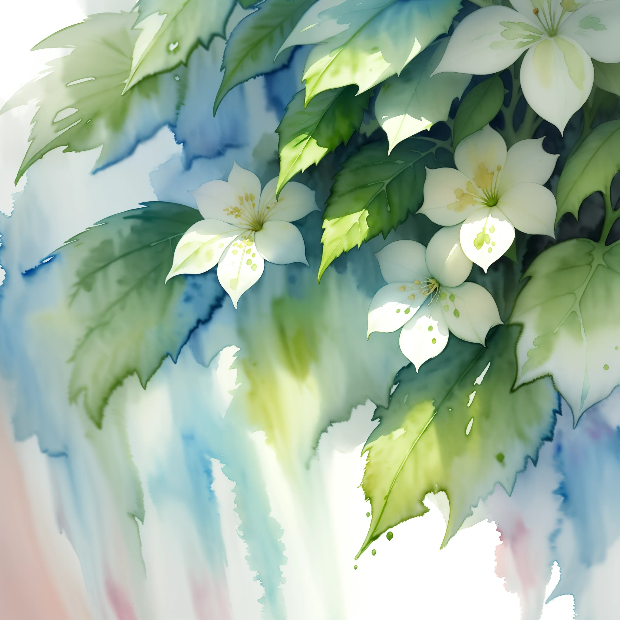 (watercolor:1.4), splatter watercolor, white background, fine art, masterpiece, super detail, high quality, award winning, 8k, Foliage plant, fresh green leaves, on a sunny day, in winter, in the afternoon