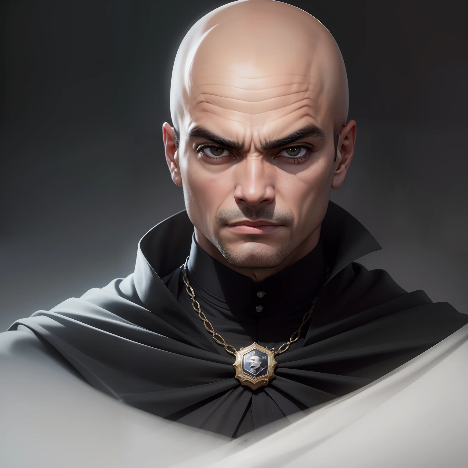 Um ministro da Suprema Corte do Brasil, retratando Alexandre de Moraes, is wearing a black cape. Apontando o dedo. He is bald and his image is as close to reality as possible.