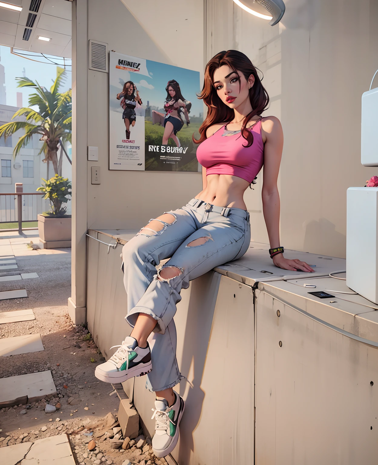 Highest quality,The perfect masterpiece,Perfect artwork,8K, 1girl, sitting on a ledge, with ripped crop t - shirt, she is wearing streetwear, jisoo from blackpink, casual clothes, casual pose, kawaii shirt and jeans, pink clothes, ulzzang, vibrant aesthetic, full body cute young lady, giant breast, show boobs, torn top, wearing a cropped tops, wearing crop top, in pastel colors, illusion,Cyberpunk,fashion trend,3s material,high-definition,detail representation,c4d,3D,octane rendering,ray tracing,complex details,animated lighting,OCrenderer,8k, birthday party, balloons,