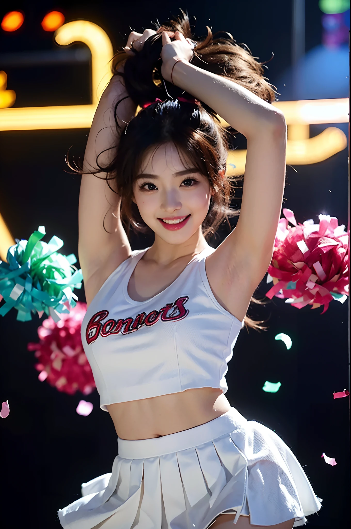 Beautiful Korean idol cheerleader
posters,Painting,high resolution,Ultra-detailed,Realistic:1.37,Vivid colors,hdr,Studio lighting,Sharp focus,
Dance energetically,Smiling happily,Perfect makeup,Stunning costumes,
crowd cheering,exciting atmosphere,dynamicposes,Expressive movements,
Beautiful hair,Sparkling eyes,rosycheeks,full pouty lips,
Colorful pompoms,Flying confetti,Glowing spotlights,
Engaging performance,Spirited cheers,Unforgettable memories