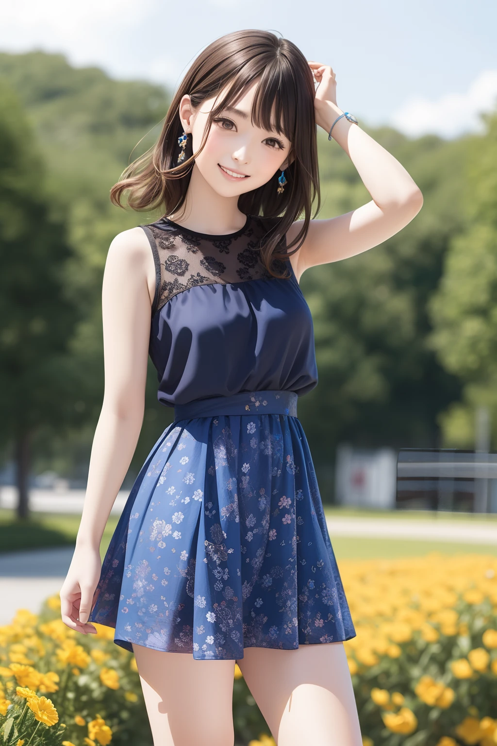 FULL BODYSHOT、top-quality、hight resolution、Brown hair、length hair、Long、Brown and loose perm,、Blue hairpin、Sleeveless dress、kindly smile、Skirt below the knee、skinny  body、Floral dress、shores、blue-sky、The wind is fluttering my hair、Keep your mouth shut、Watch on left hand、With the horizon in the background、The gesture of putting hair over your ears