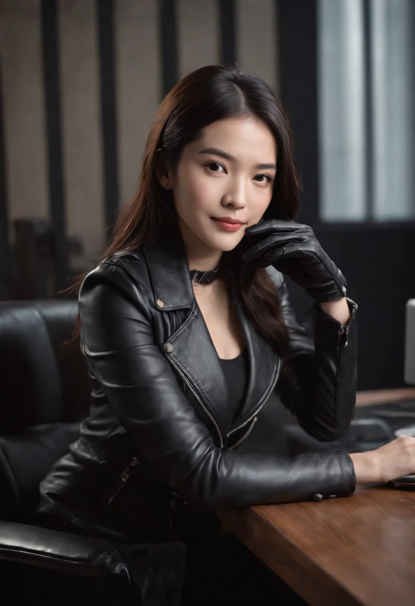 Wearing black leather gloves in both hands Upper body Black leather riders jacket Necklace on the chest Facing the desk in the modern study in the dark, looking down and smiling, long straight black hair Young Japanese woman (black leather gloves covering both hands) Sitting on a chair with the fingers of black leather gloves and working on the computer
